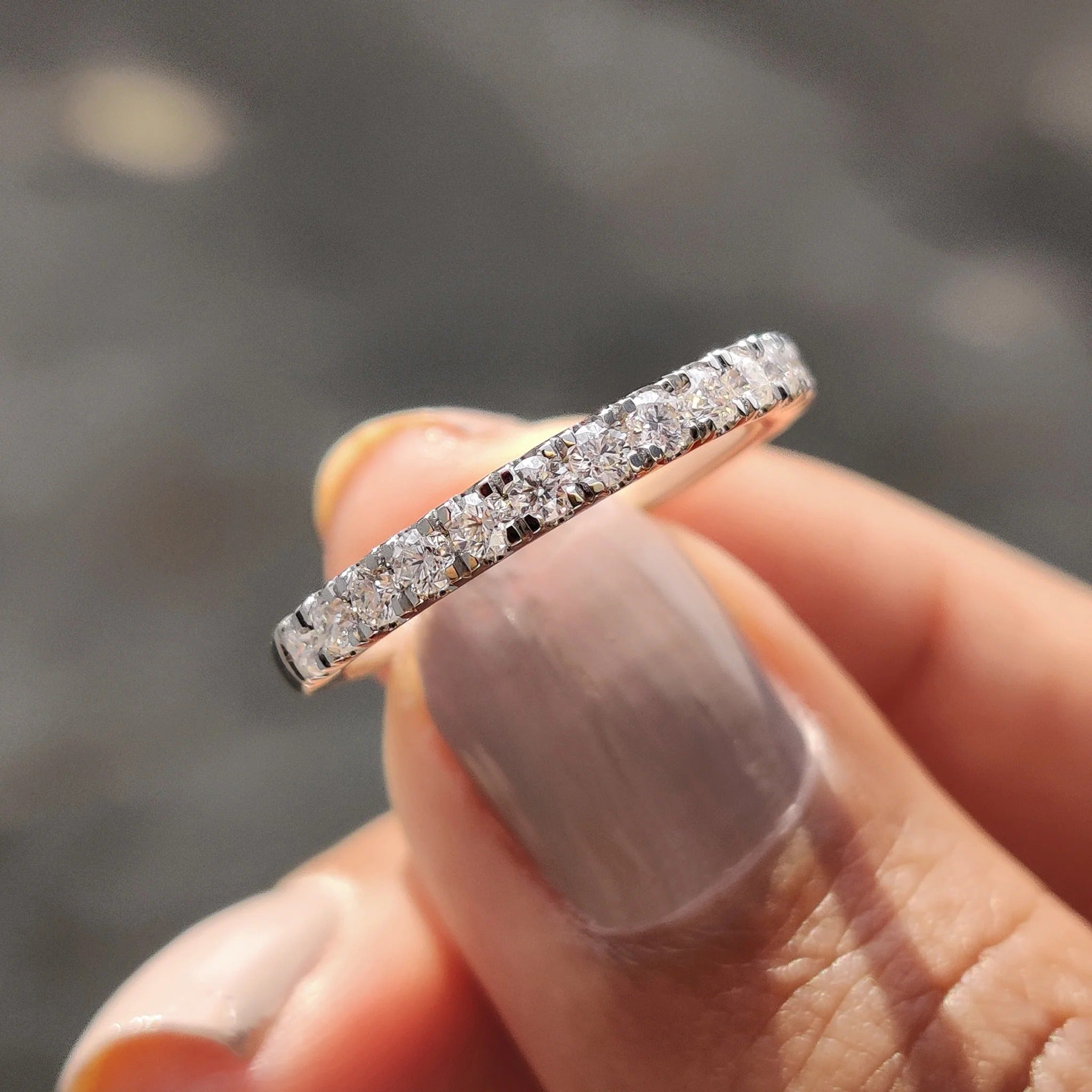 Moissanite Diamond Dainty Half Eternity Band Stacking Wedding Ring in White Gold