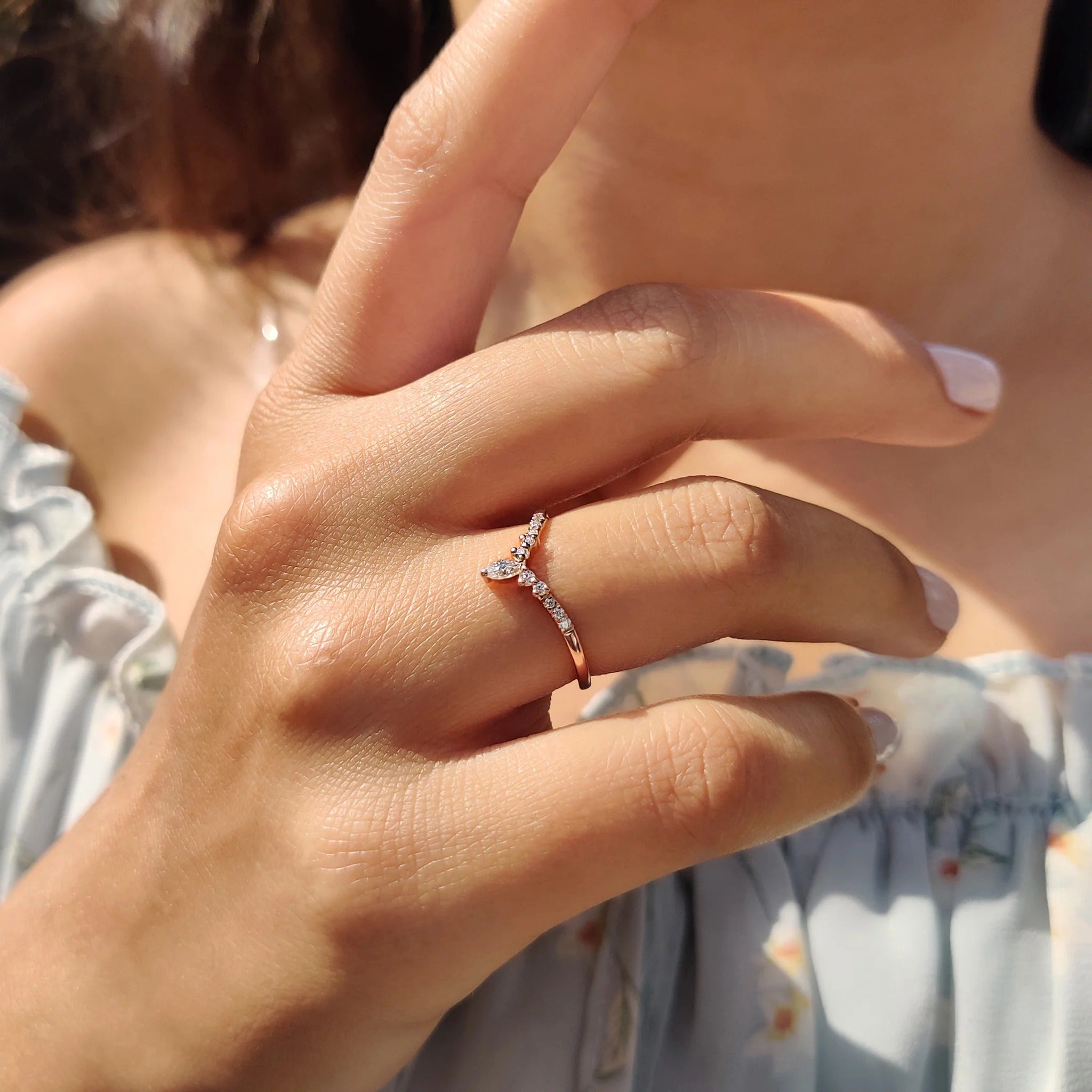 Marquise Moissanite Diamond Contour Band Dainty Rose Gold Stackable Wedding Ring
