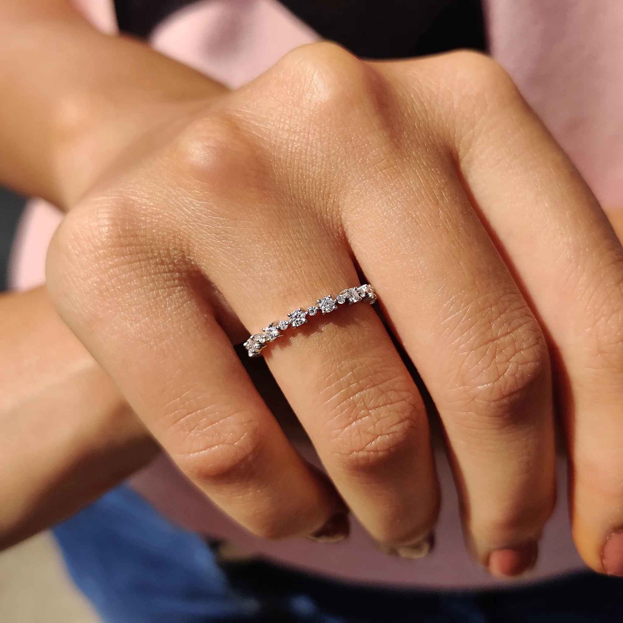 Round Moissanite Diamond Dainty Eternity Band Minimalist Stackable Ring