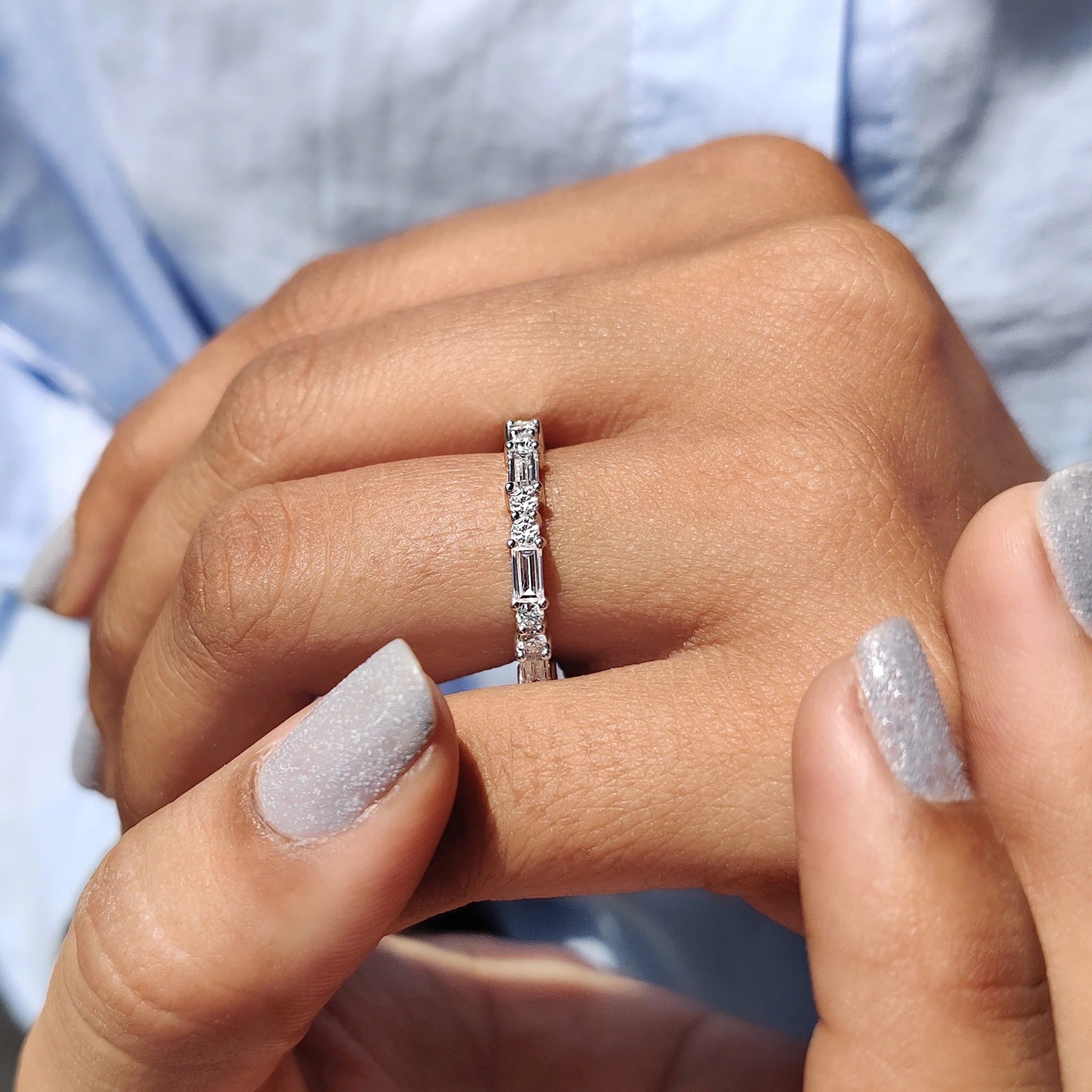 Moissanite Diamond Baguette Round Eternity Band Minimalist Stackable Wedding Ring
