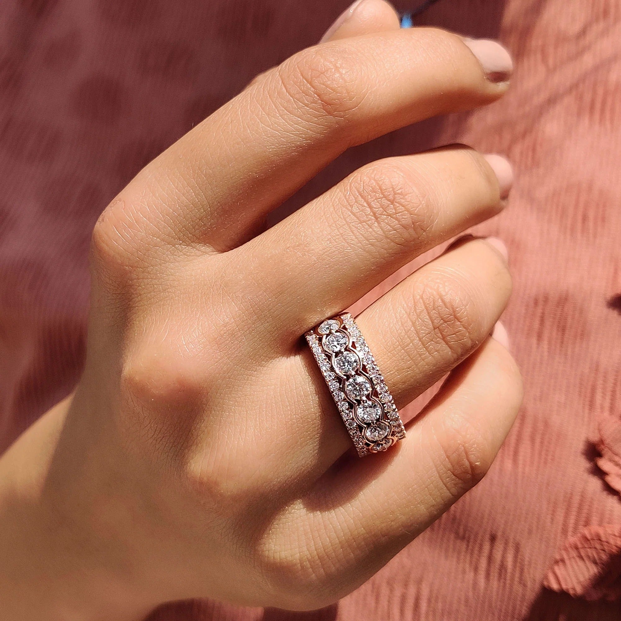 Moissanite Diamond Wide Eternity Band Stackable Rose Gold Statement Wedding Ring