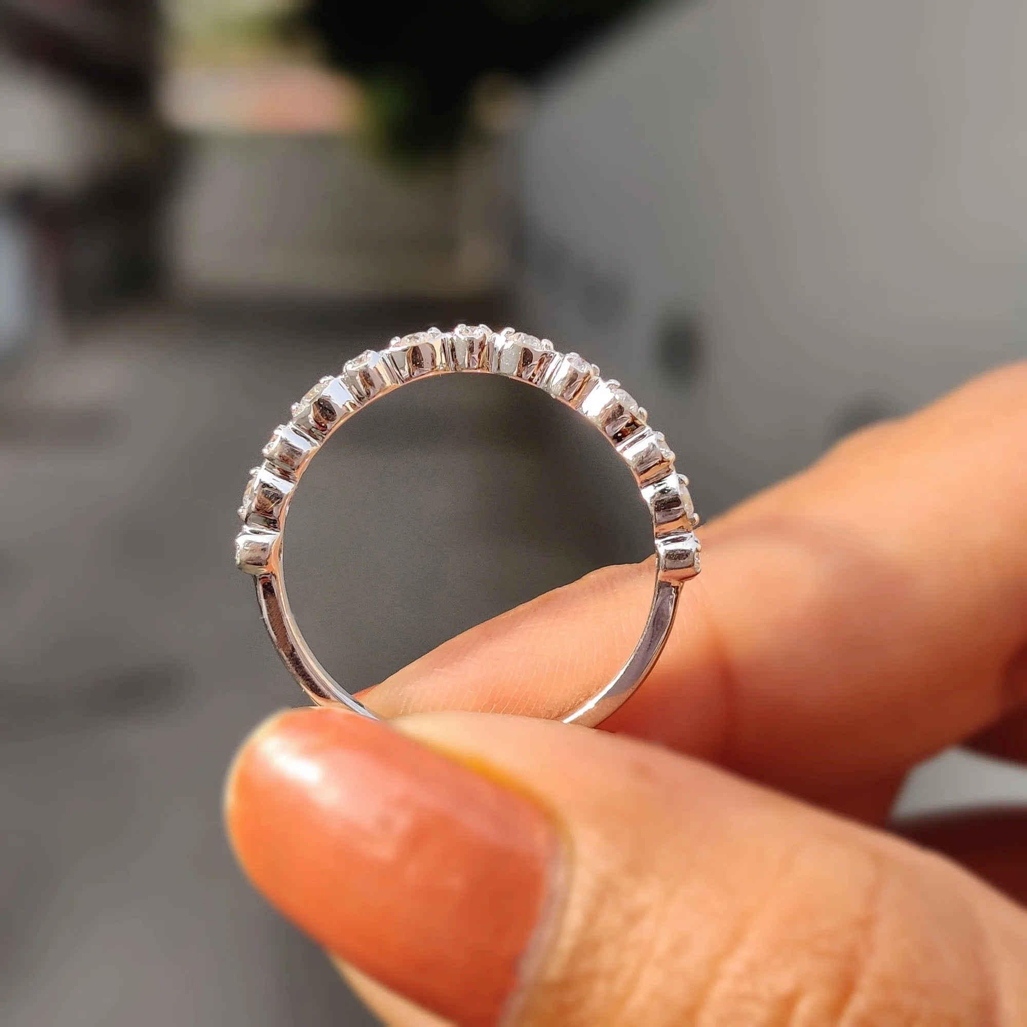 Curved Moissanite & Diamond Wedding Band - Dainty Stackable V-Shape Stacking Ring
