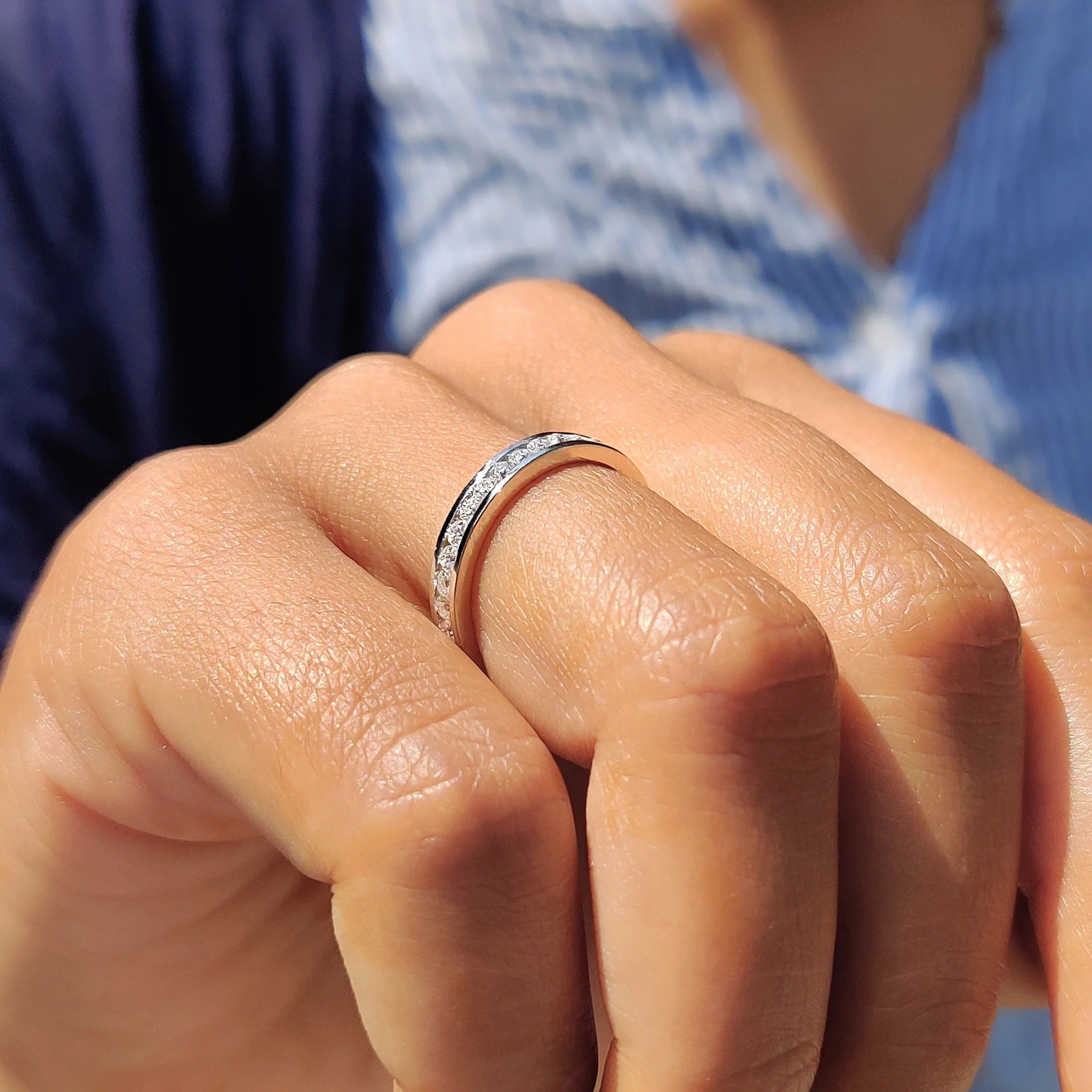 Moissanite Diamond Channel Set Eternity Band Minimalist Stackable Ring White Gold