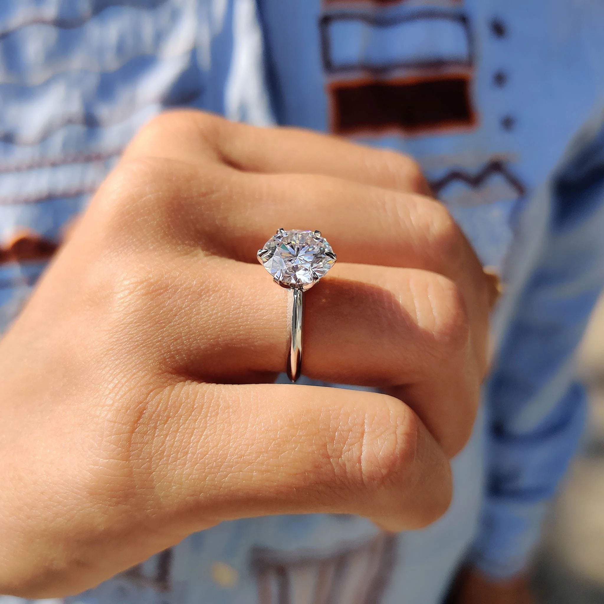 Round Cut Moissanite Solitaire Engagement Ring in Polished White Gold Band Setting