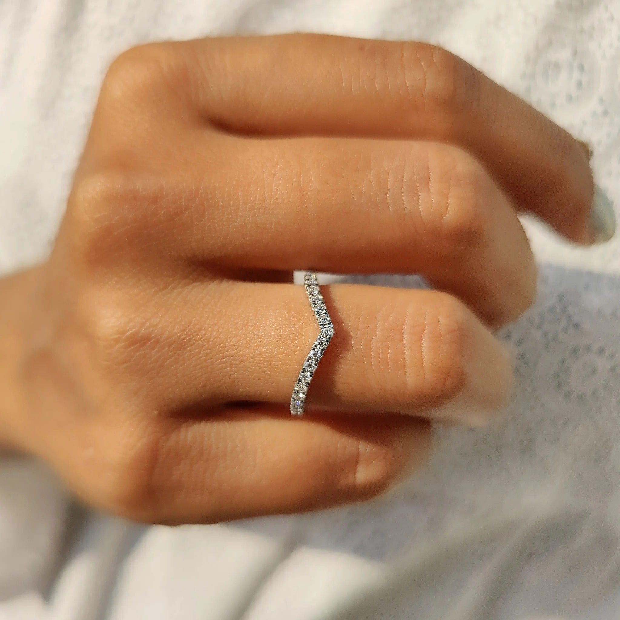 Moissanite Diamond Chevron Band Minimalist Stackable Wedding Ring White Gold Finish