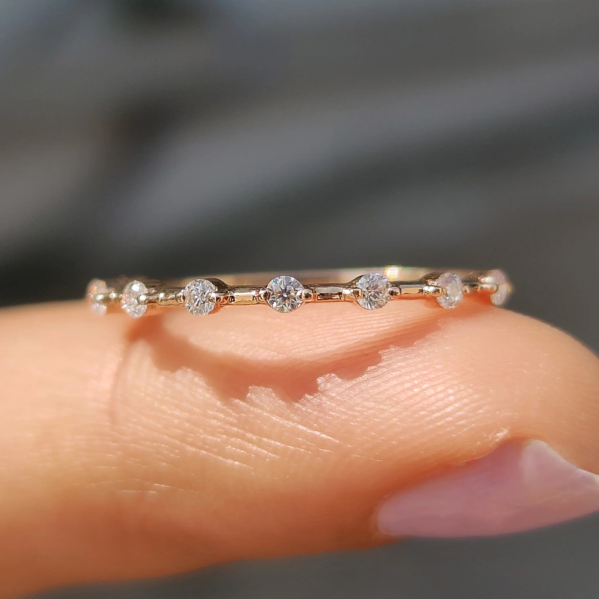 Dainty Round Moissanite Diamond Station Band Minimalist Stackable Ring