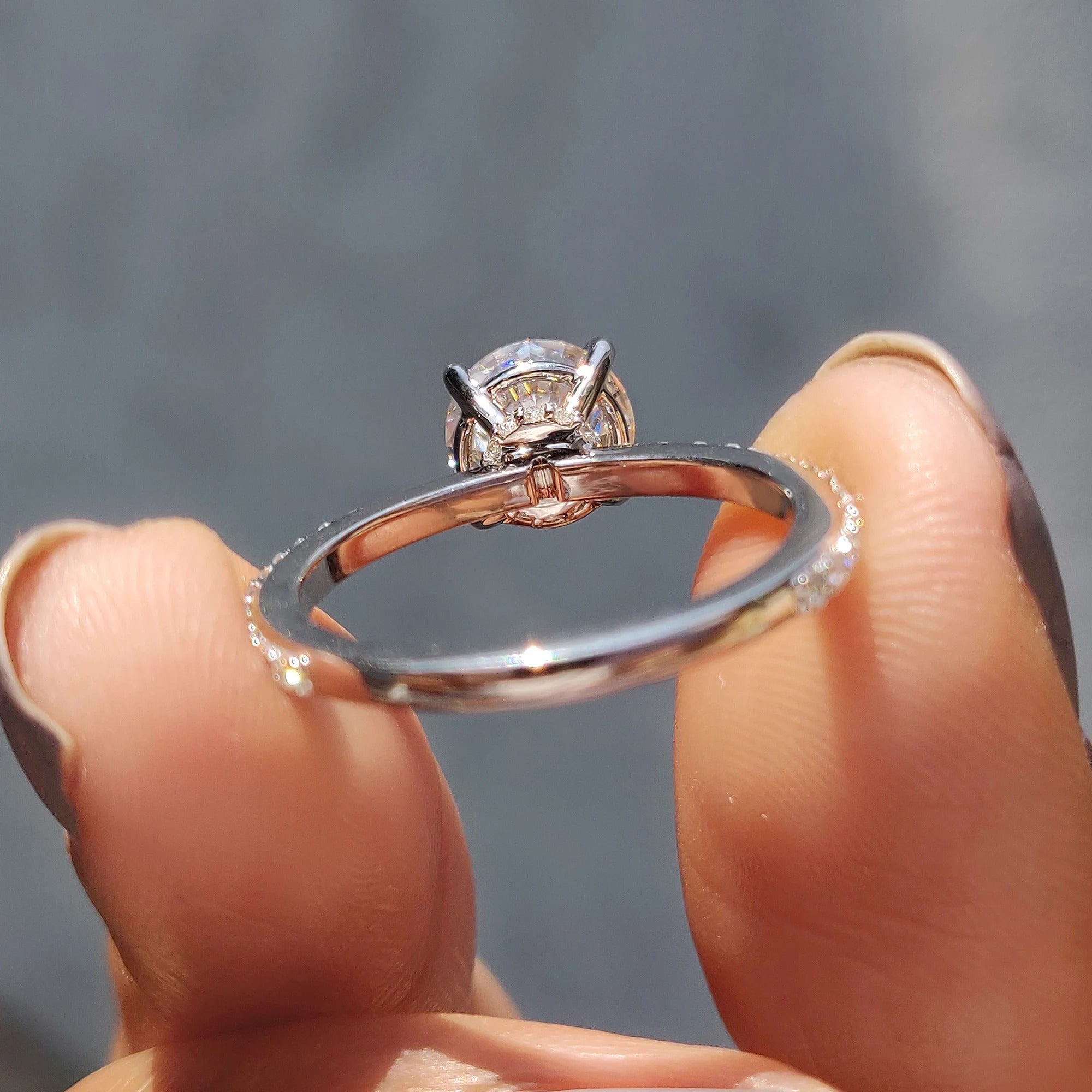 Round Cut Moissanite Engagement Ring with Diamond Pave Band in White Gold Setting