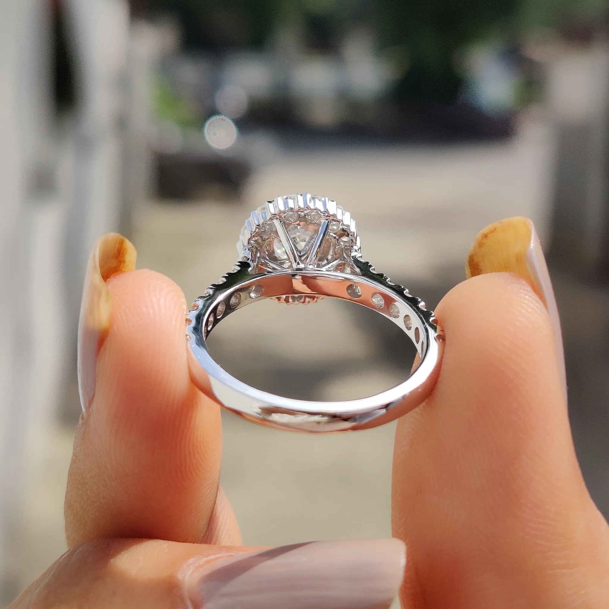 Round Cut Moissanite Halo Engagement Ring with Diamond Pave Band in White Gold