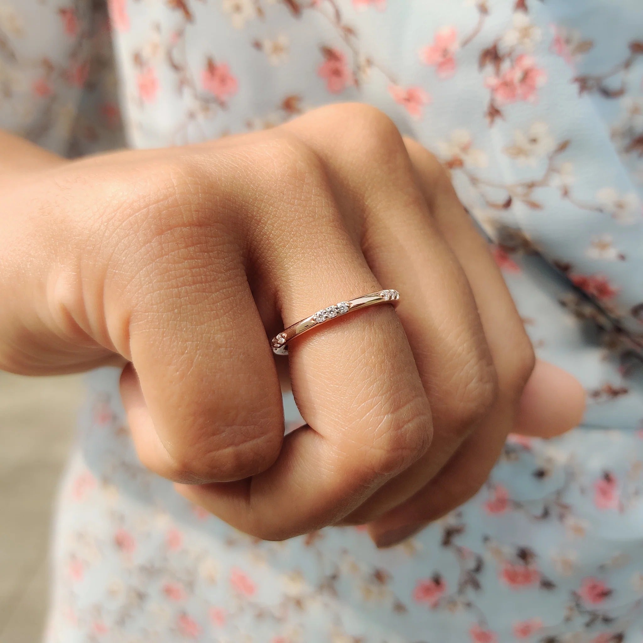Dainty Moissanite Diamond Station Band Rose Gold Minimalist Stackable Wedding Ring