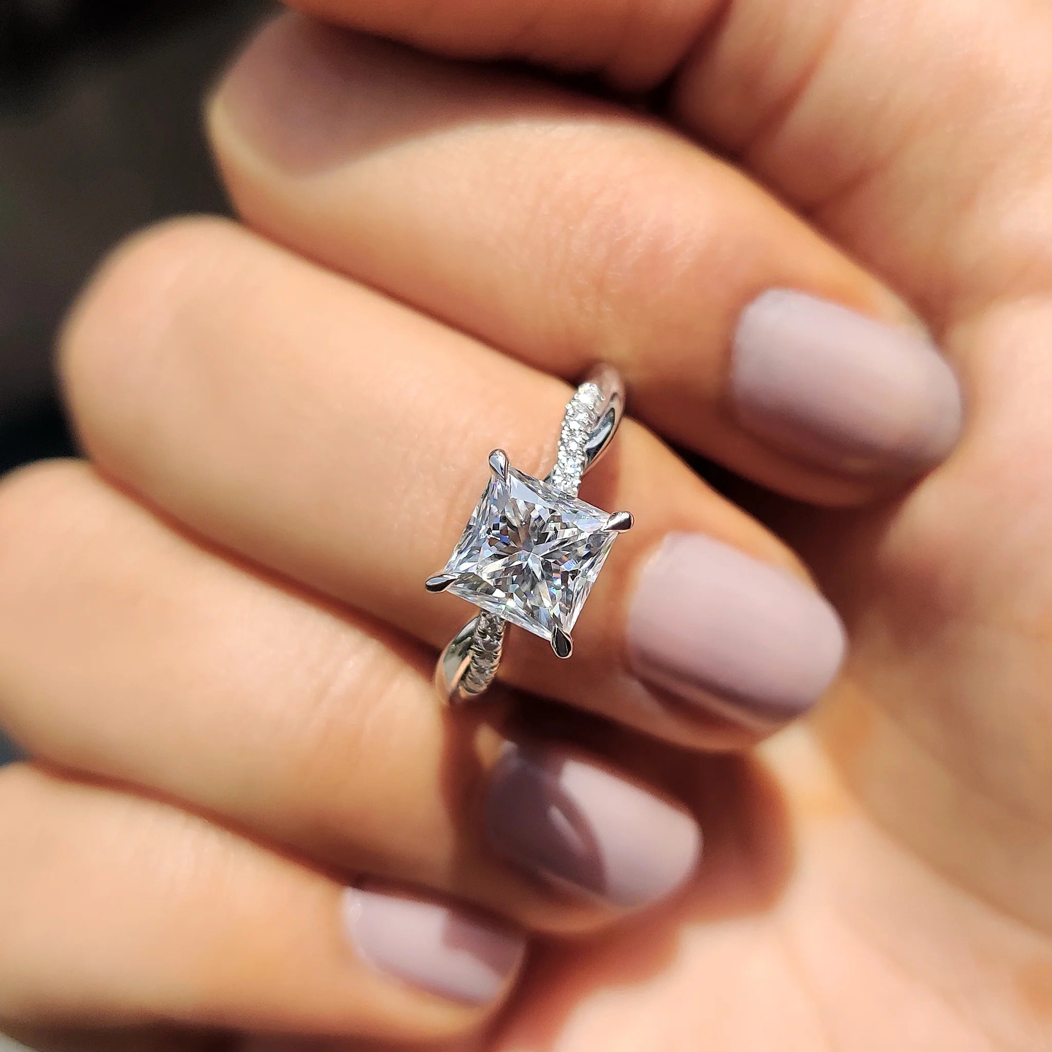 Princess Cut Moissanite Engagement Ring with Diamond Twist Band in White Gold