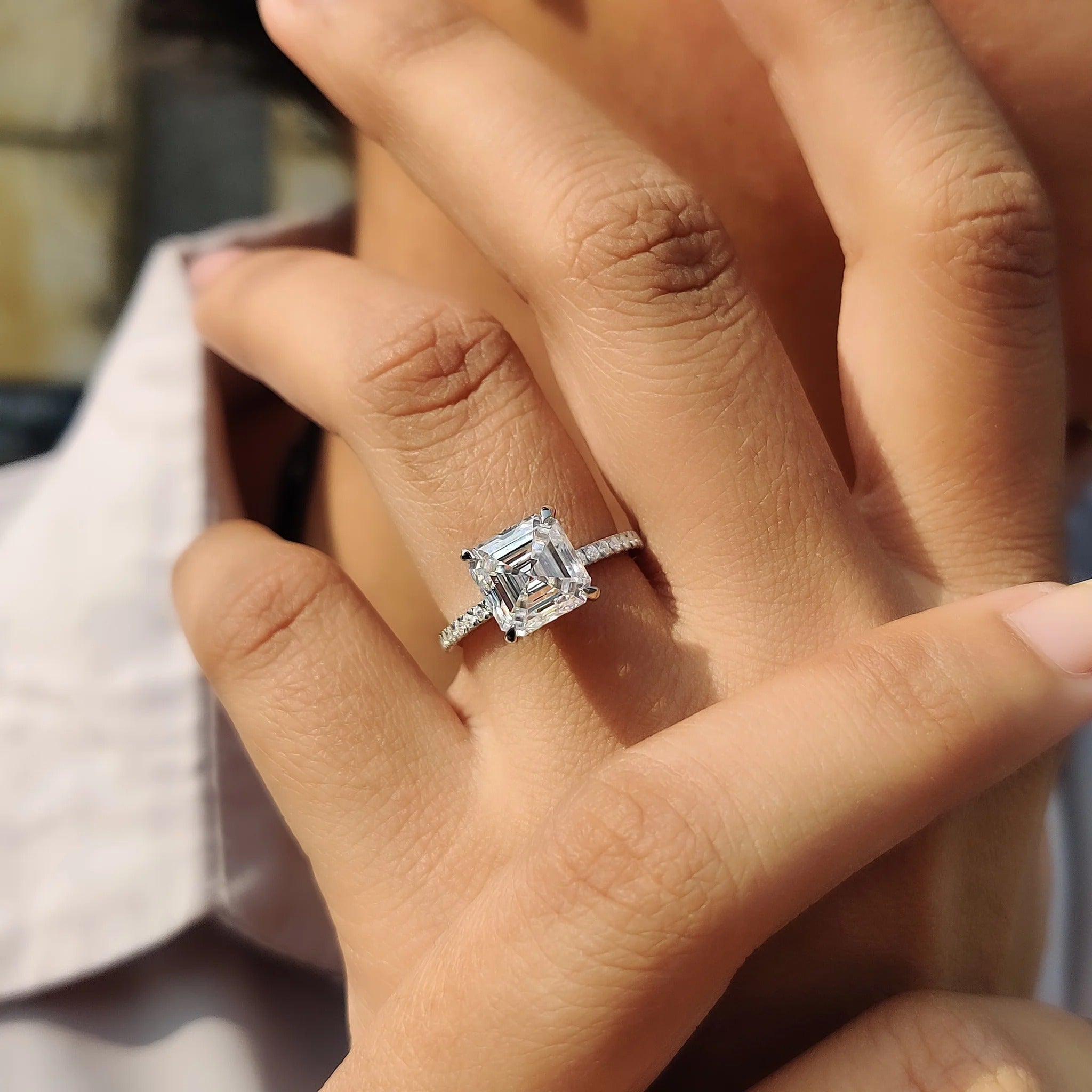 Asscher Cut Moissanite Engagement Ring with Diamond Pave Band