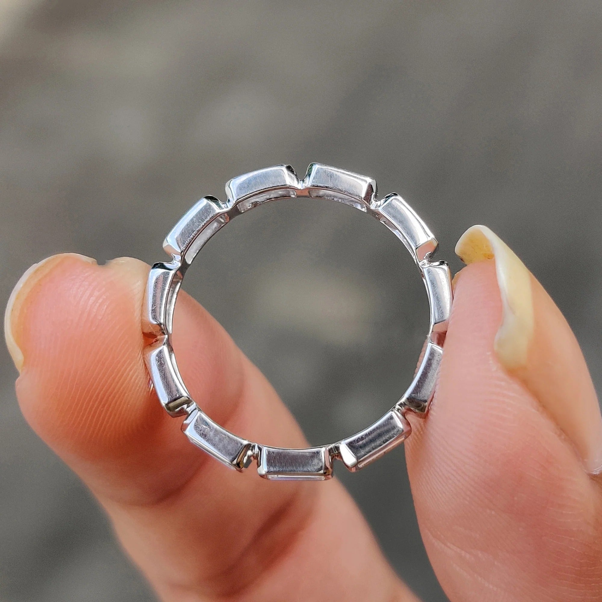 Baguette Cut Moissanite Diamond Bezel Set Band Minimalist Stacking Wedding Ring Band