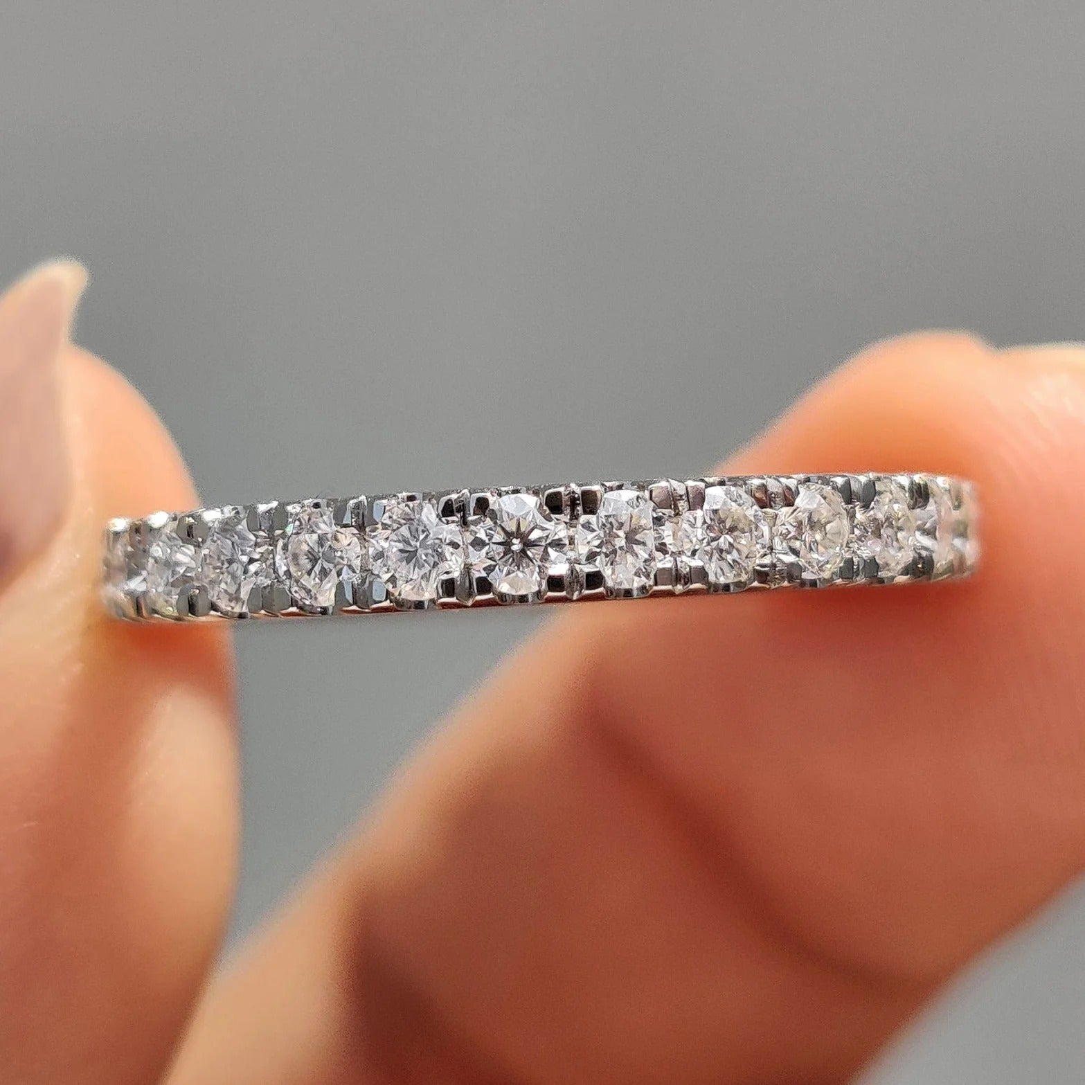 Moissanite Diamond Dainty Half Eternity Band Stacking Wedding Ring in White Gold