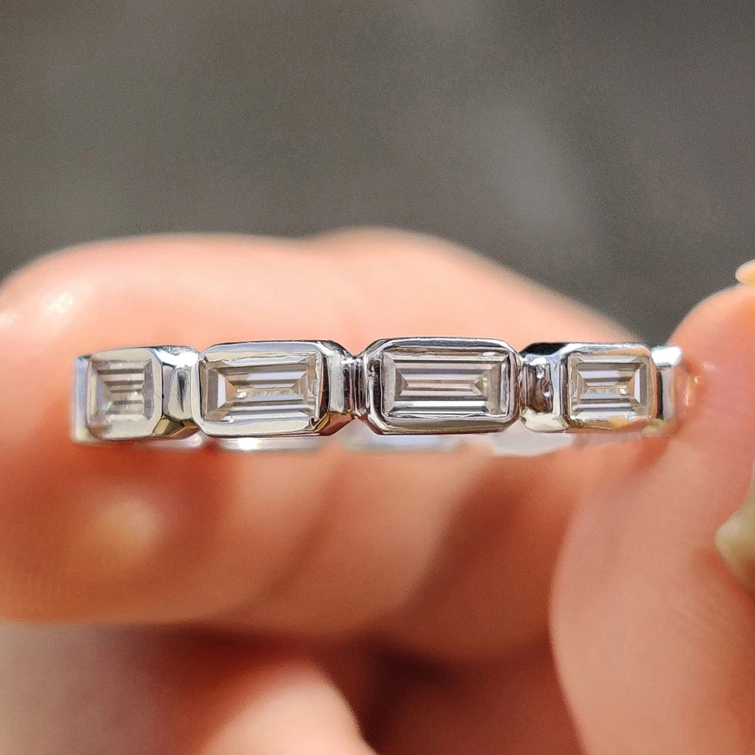 Baguette Cut Moissanite Diamond Bezel Set Band Minimalist Stacking Wedding Ring Band