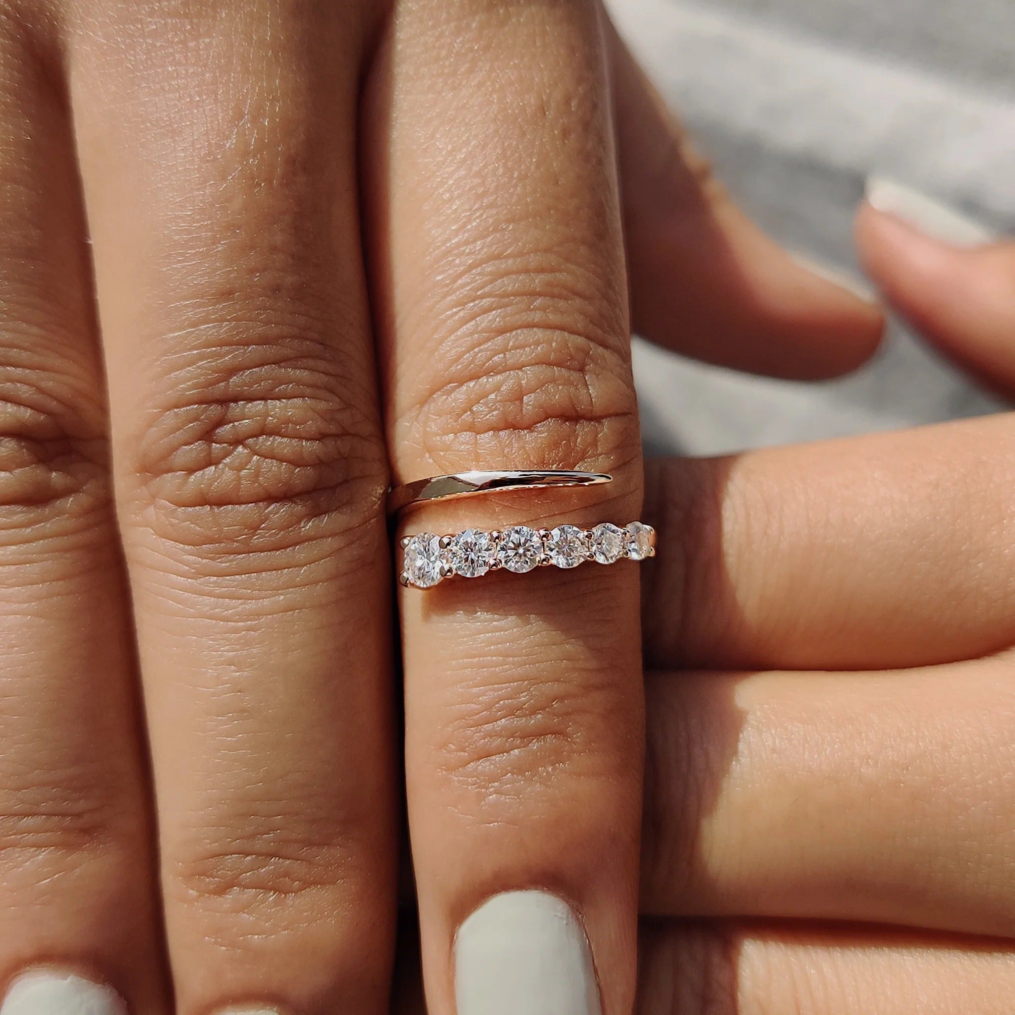 Dainty Moissanite & Diamond Open Wrap Ring in Rose Gold - Minimalist Stackable Band