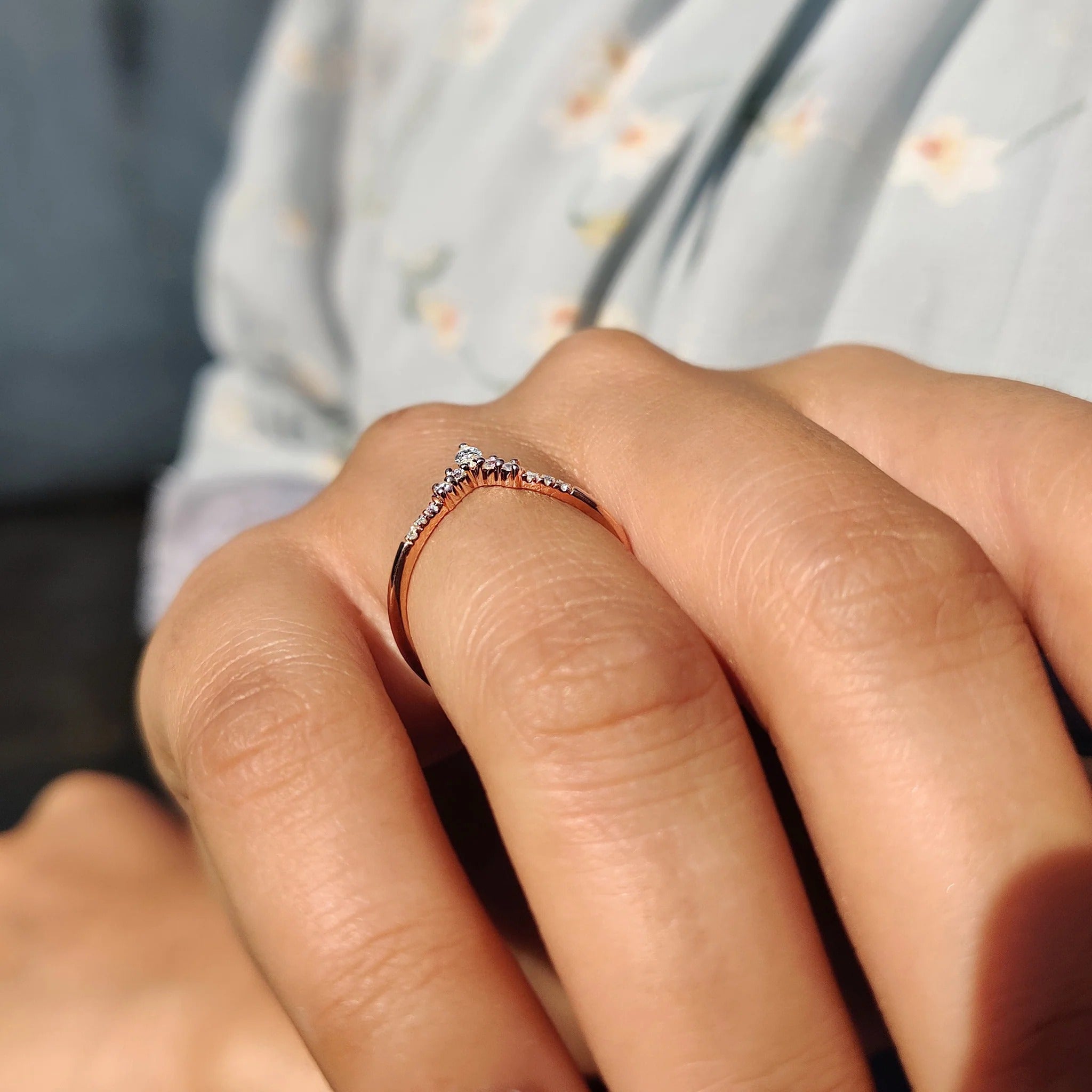Marquise Moissanite Diamond Contour Band Dainty Rose Gold Stackable Wedding Ring
