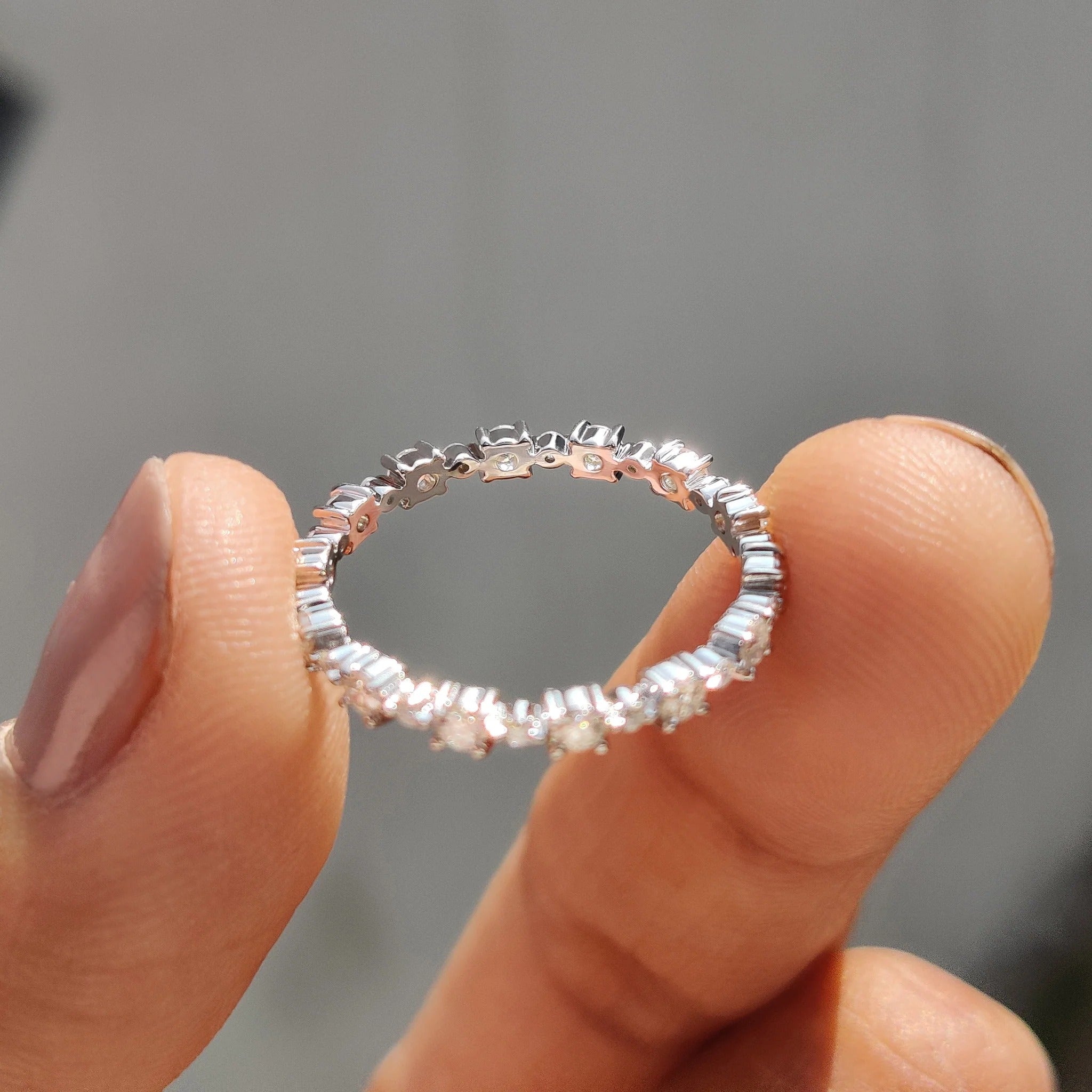 Round Moissanite Diamond Dainty Eternity Band Minimalist Stackable Ring