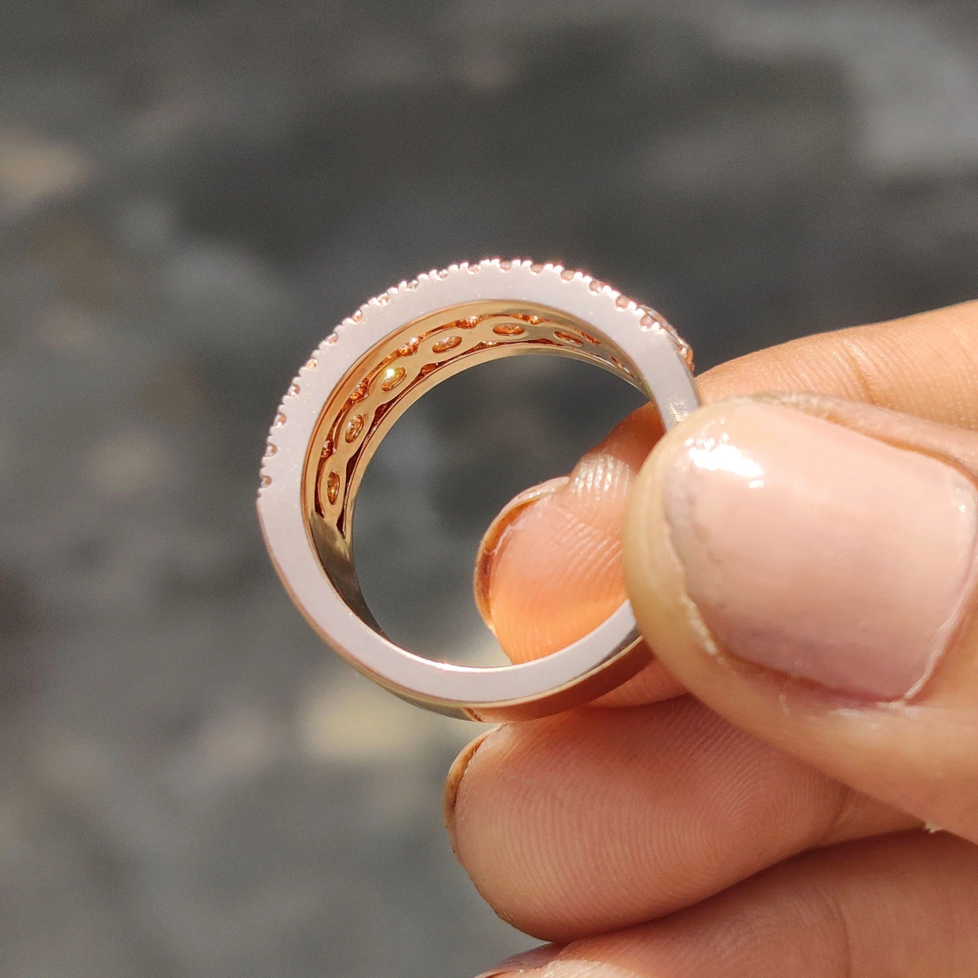 Moissanite Diamond Wide Eternity Band Stackable Rose Gold Statement Wedding Ring