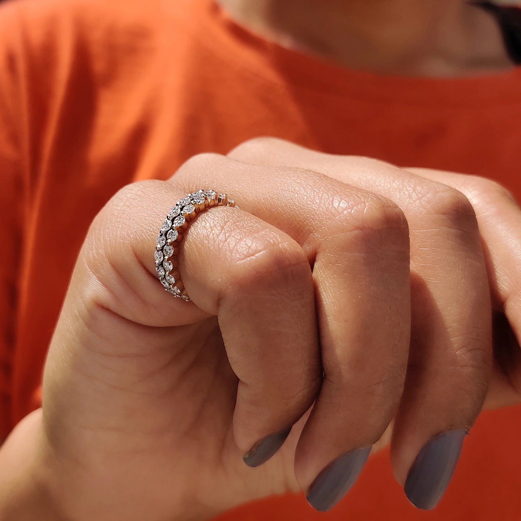 Moissanite and Diamond Double Row Eternity Band Stackable Wedding Ring