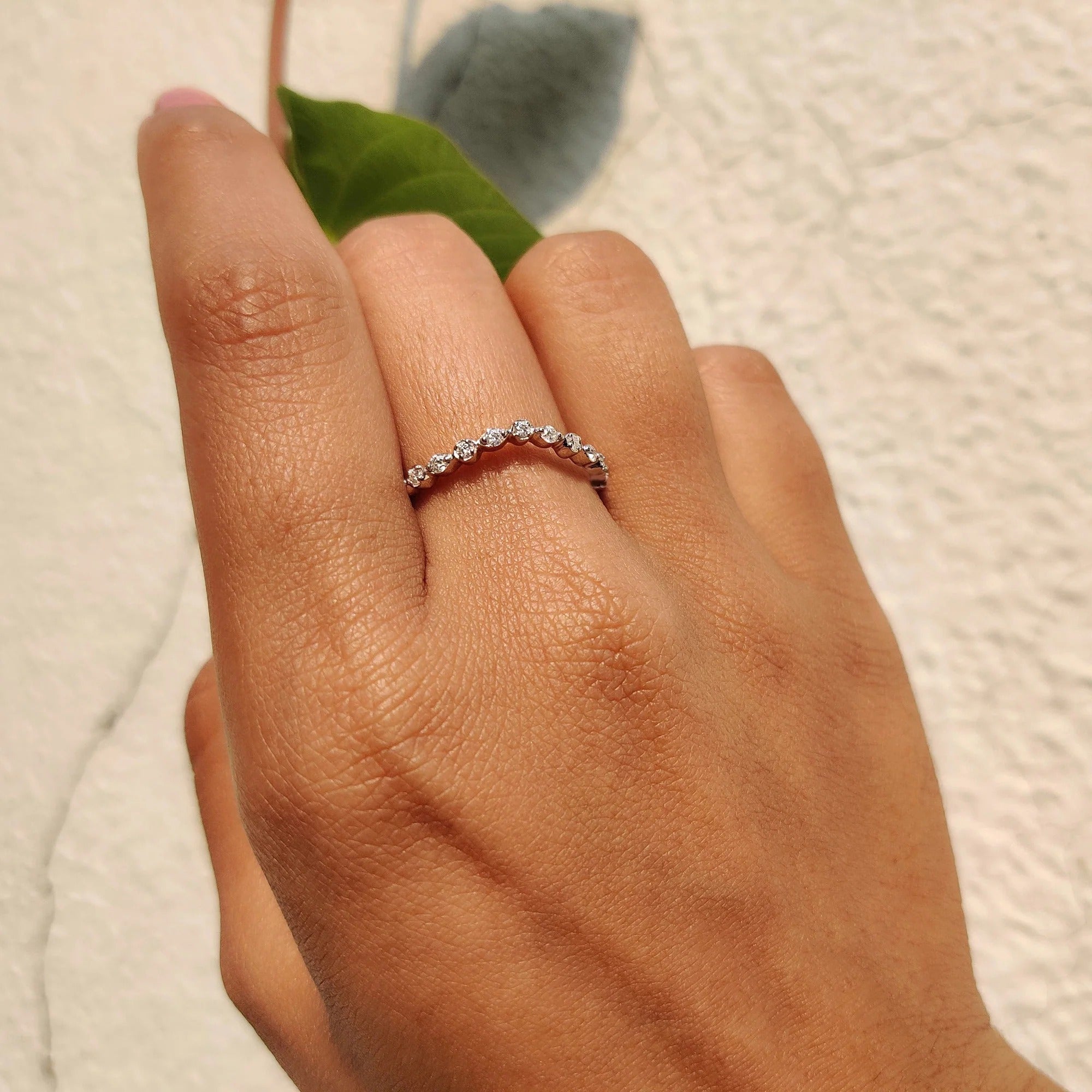Curved Moissanite & Diamond Wedding Band - Dainty Stackable V-Shape Stacking Ring