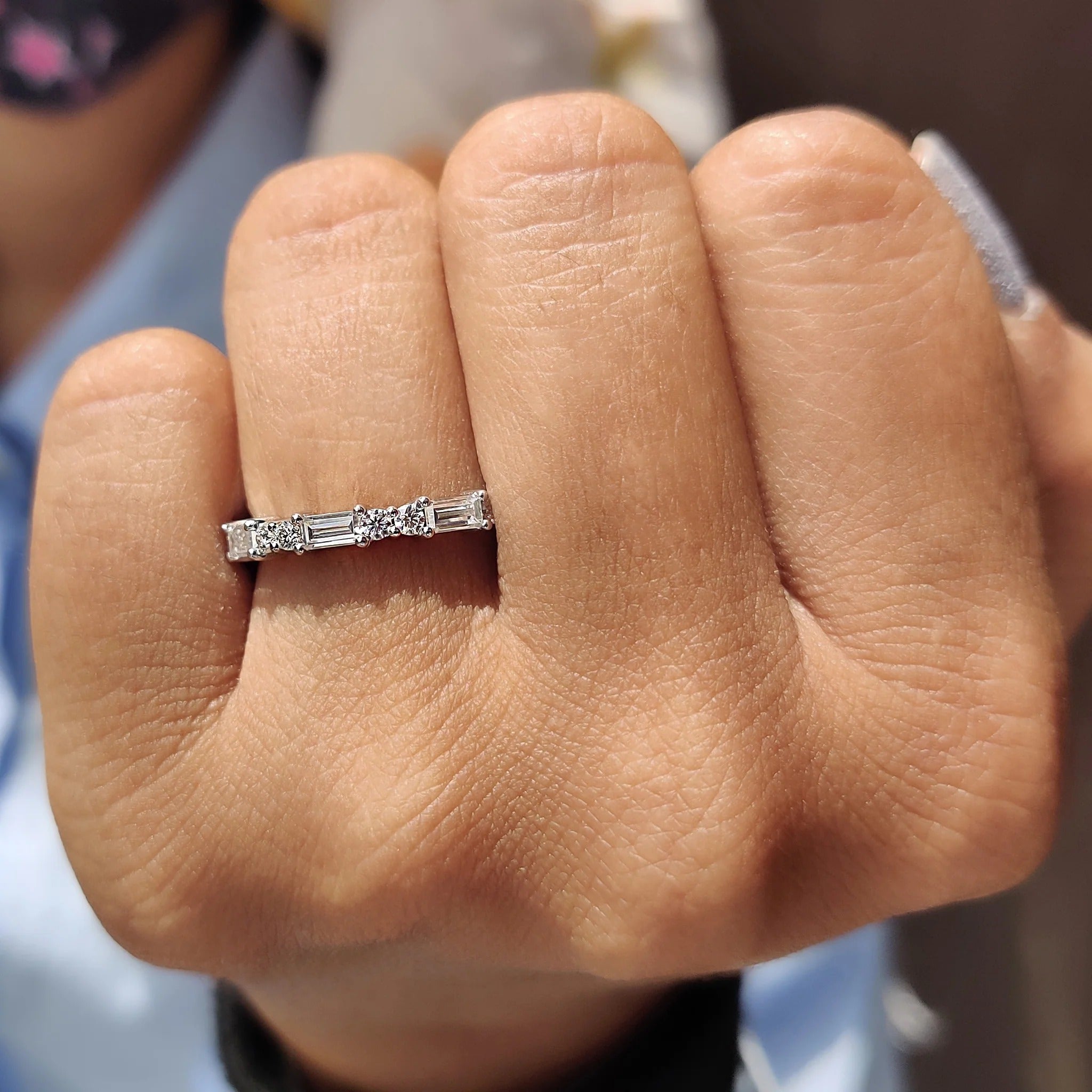 Moissanite Diamond Baguette Round Eternity Band Minimalist Stackable Wedding Ring