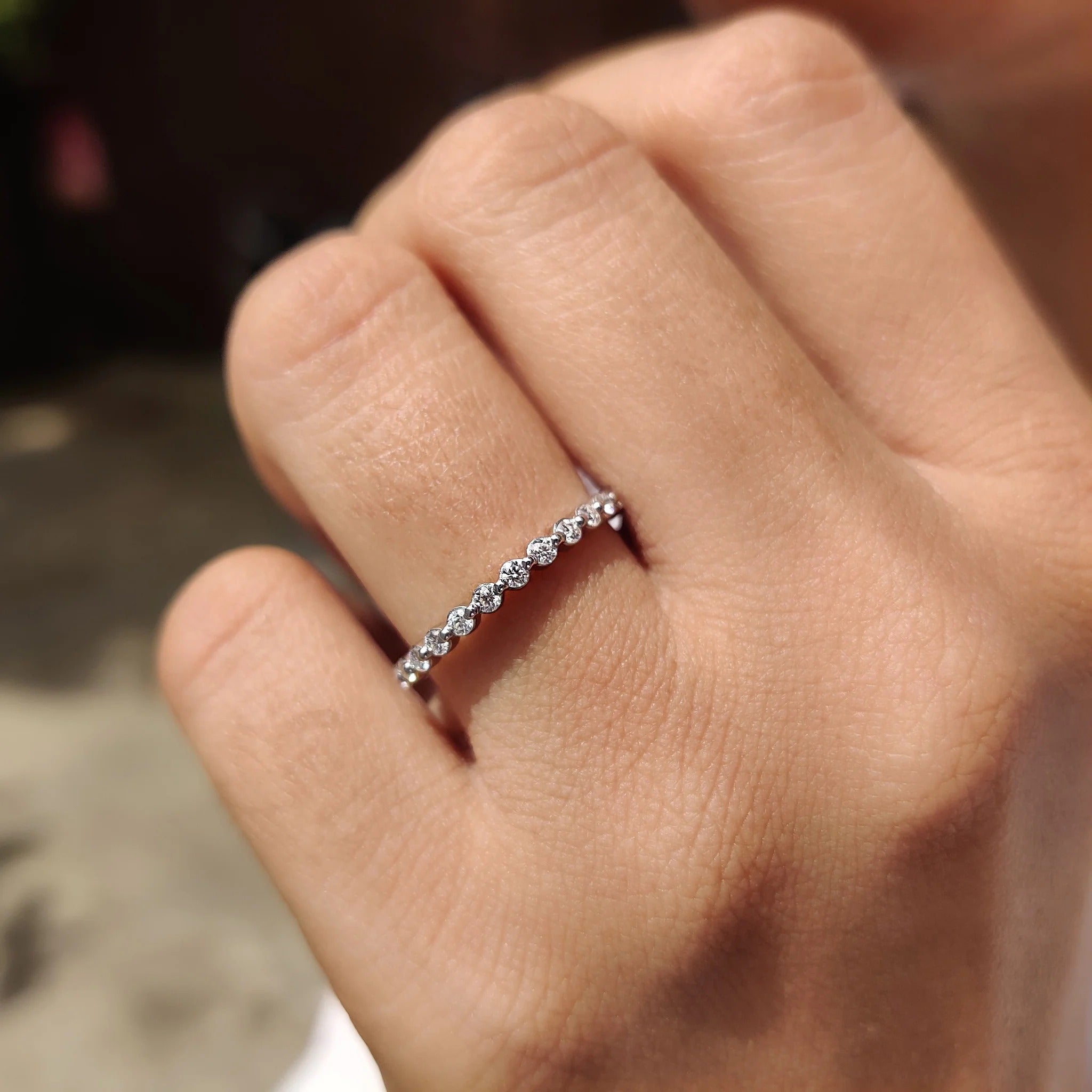 Round Moissanite in Diamond Stackable Eternity Band White Gold Wedding Ring