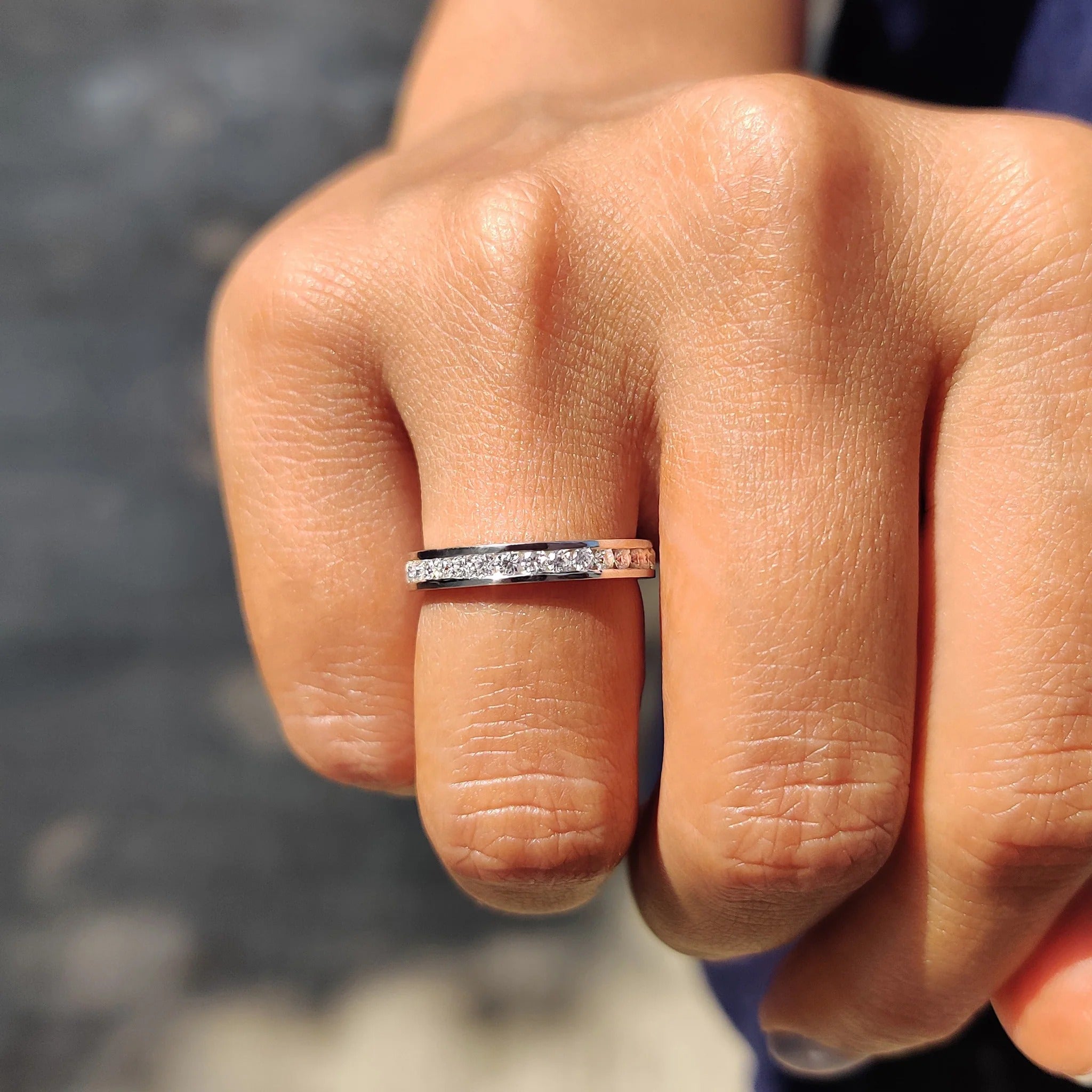 Moissanite Diamond Channel Set Eternity Band Minimalist Stackable Ring White Gold