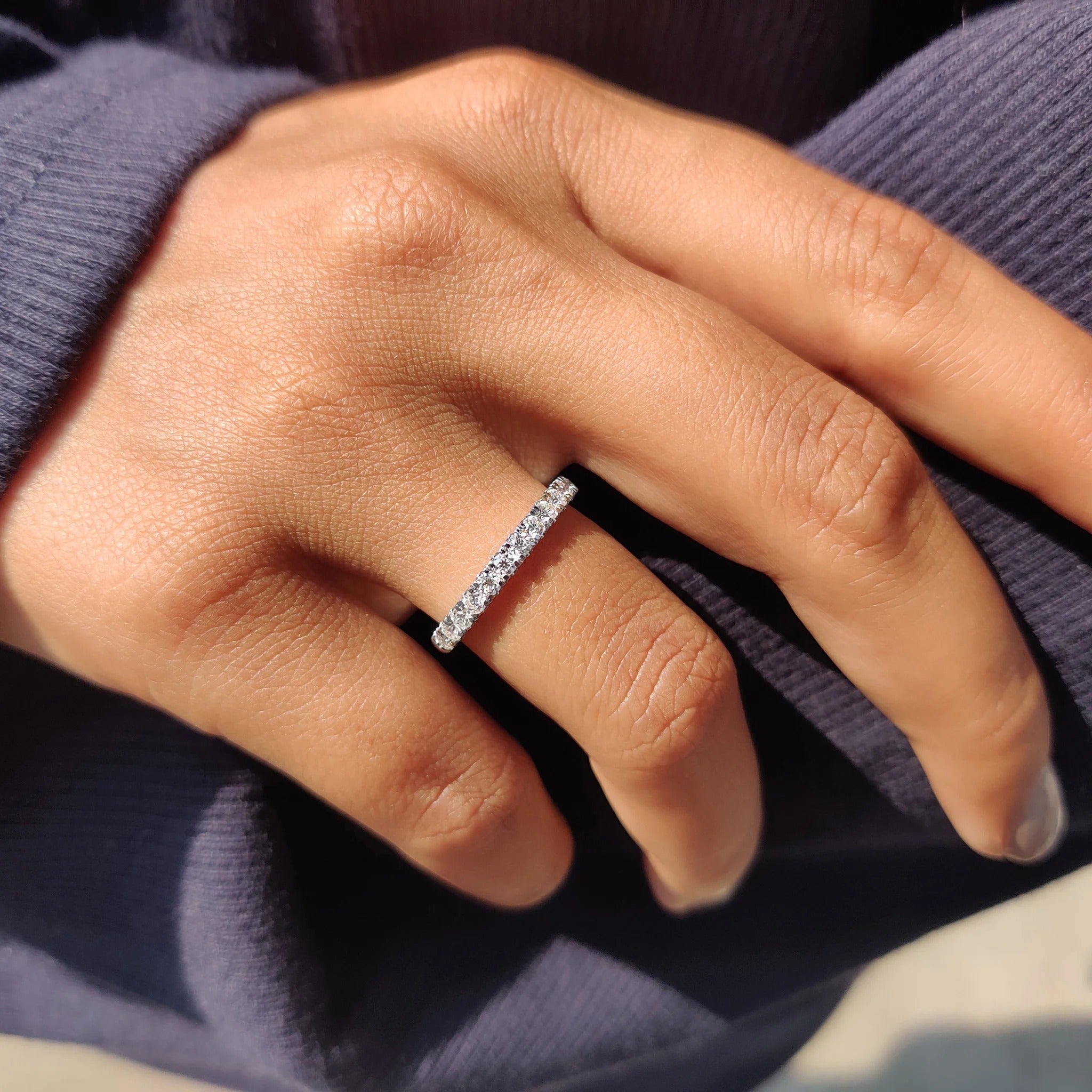 Moissanite Diamond Dainty Half Eternity Band Stacking Wedding Ring in White Gold