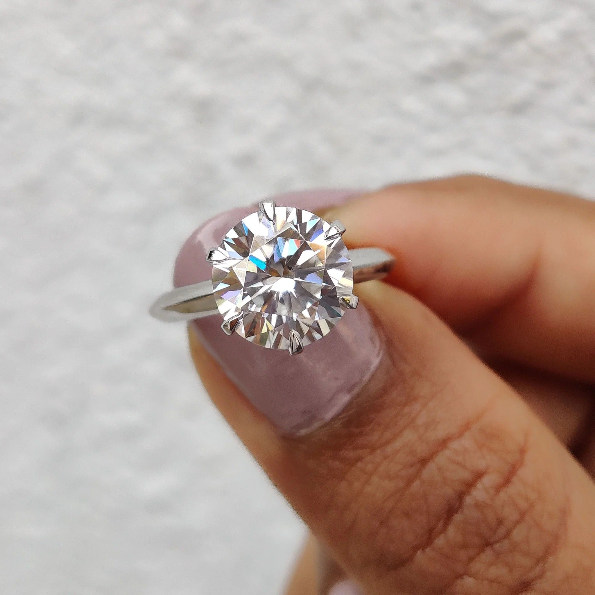 Round Cut Moissanite Solitaire Engagement Ring in Polished White Gold Band Setting