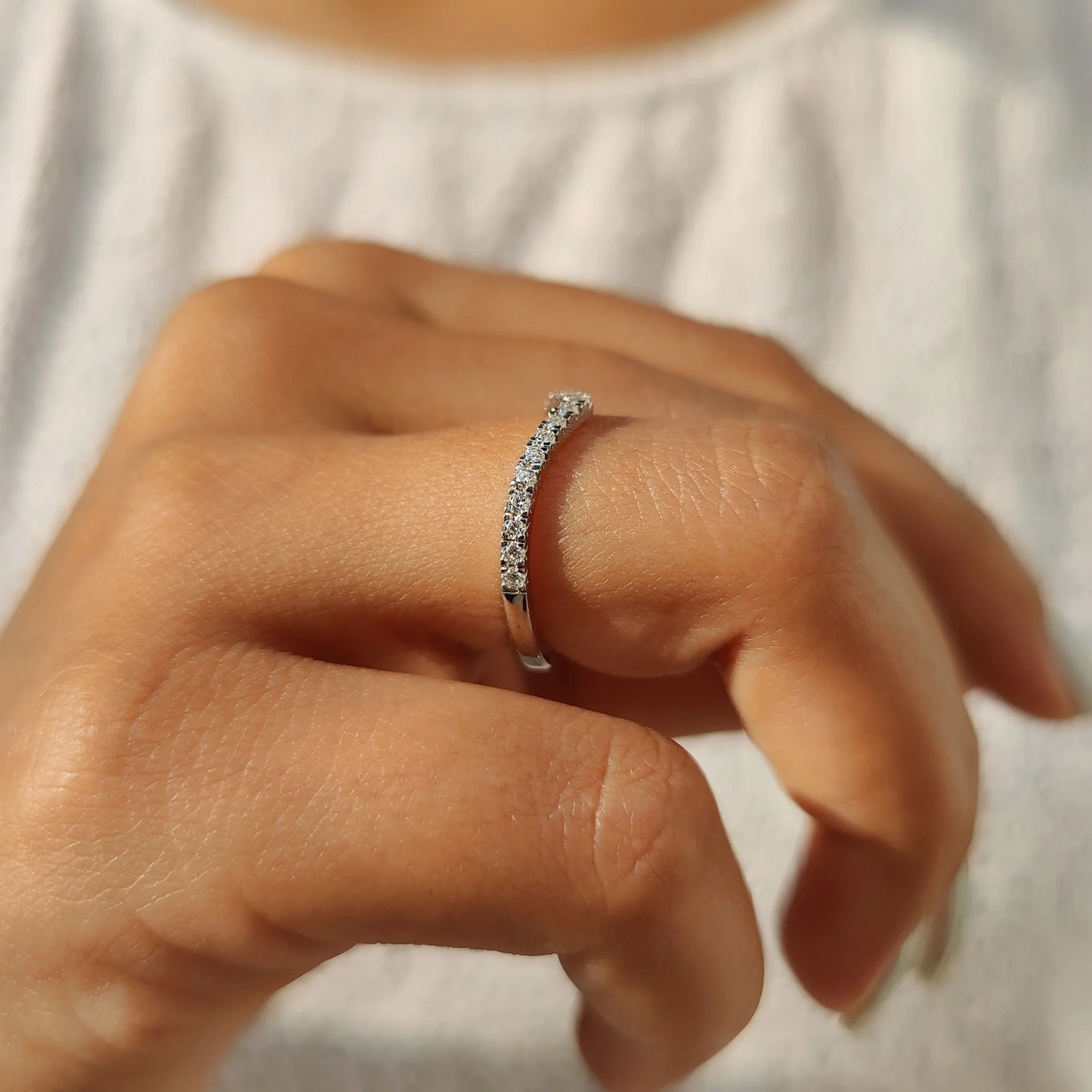 Moissanite Diamond Chevron Band Minimalist Stackable Wedding Ring White Gold Finish