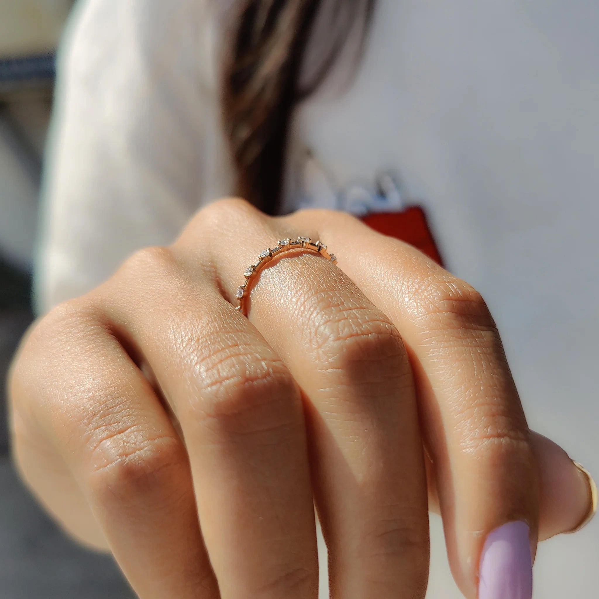 Dainty Round Moissanite Diamond Station Band Minimalist Stackable Ring