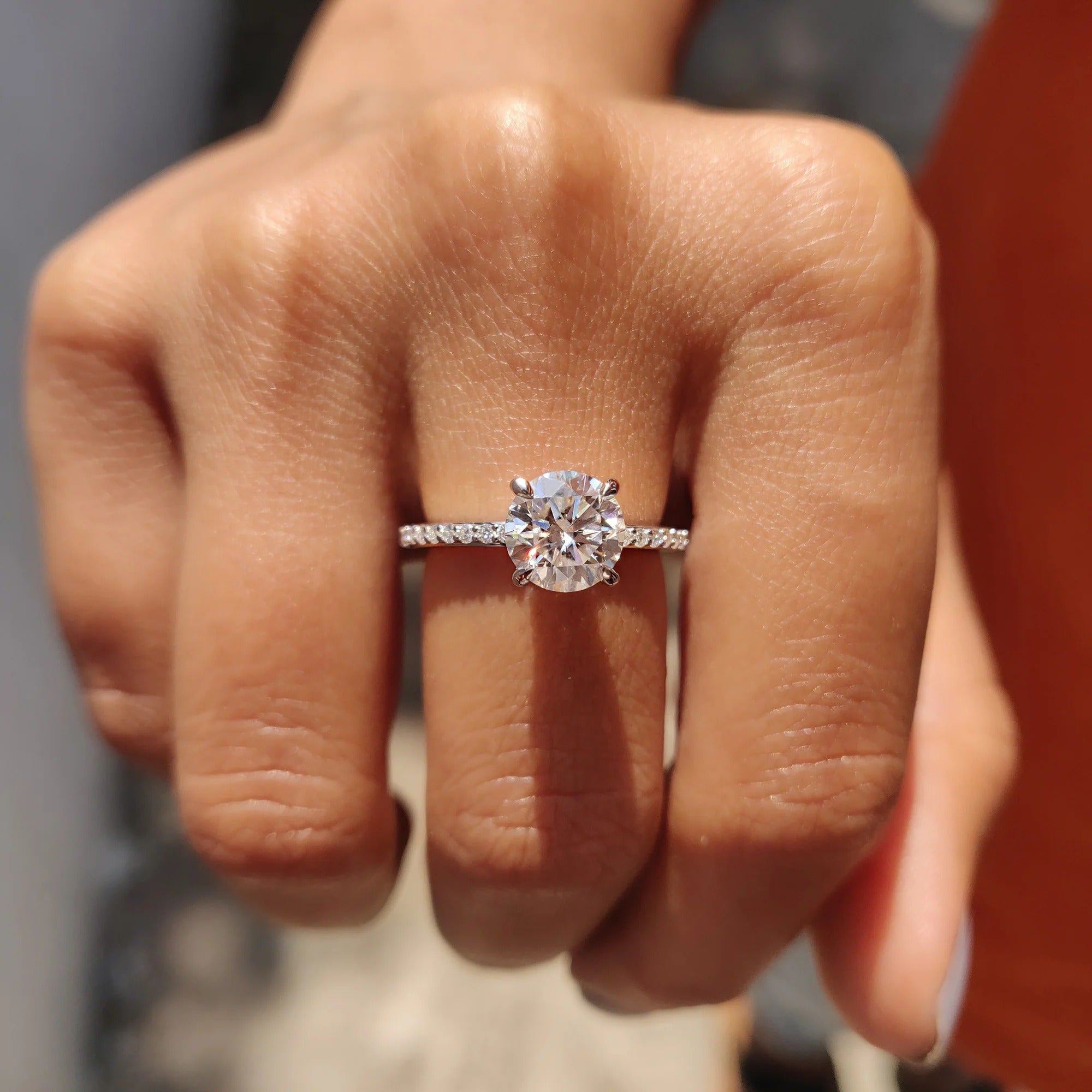 Round Cut Moissanite Engagement Ring with Diamond Pave Band in White Gold Setting