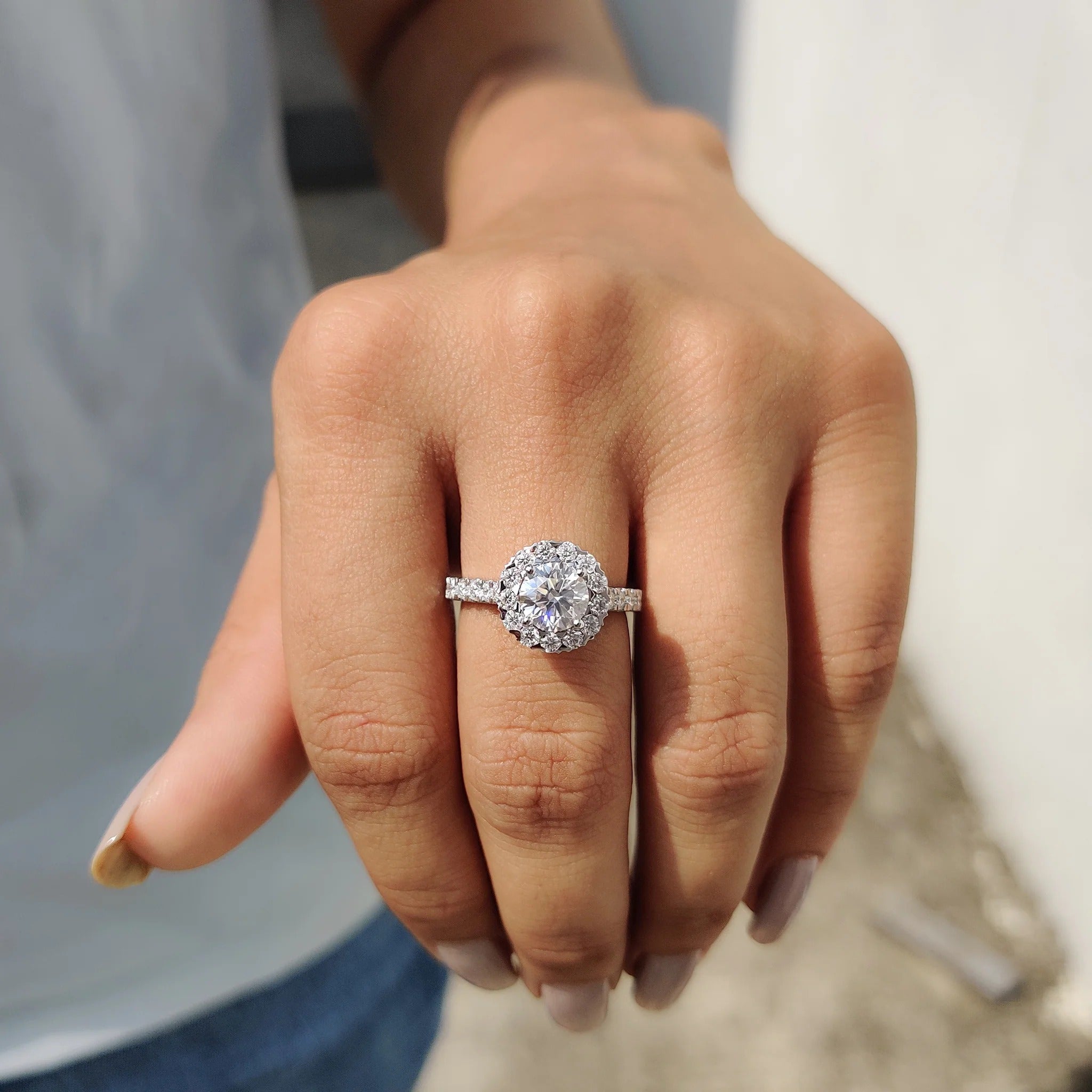 Round Cut Moissanite Halo Engagement Ring with Diamond Pave Band in White Gold
