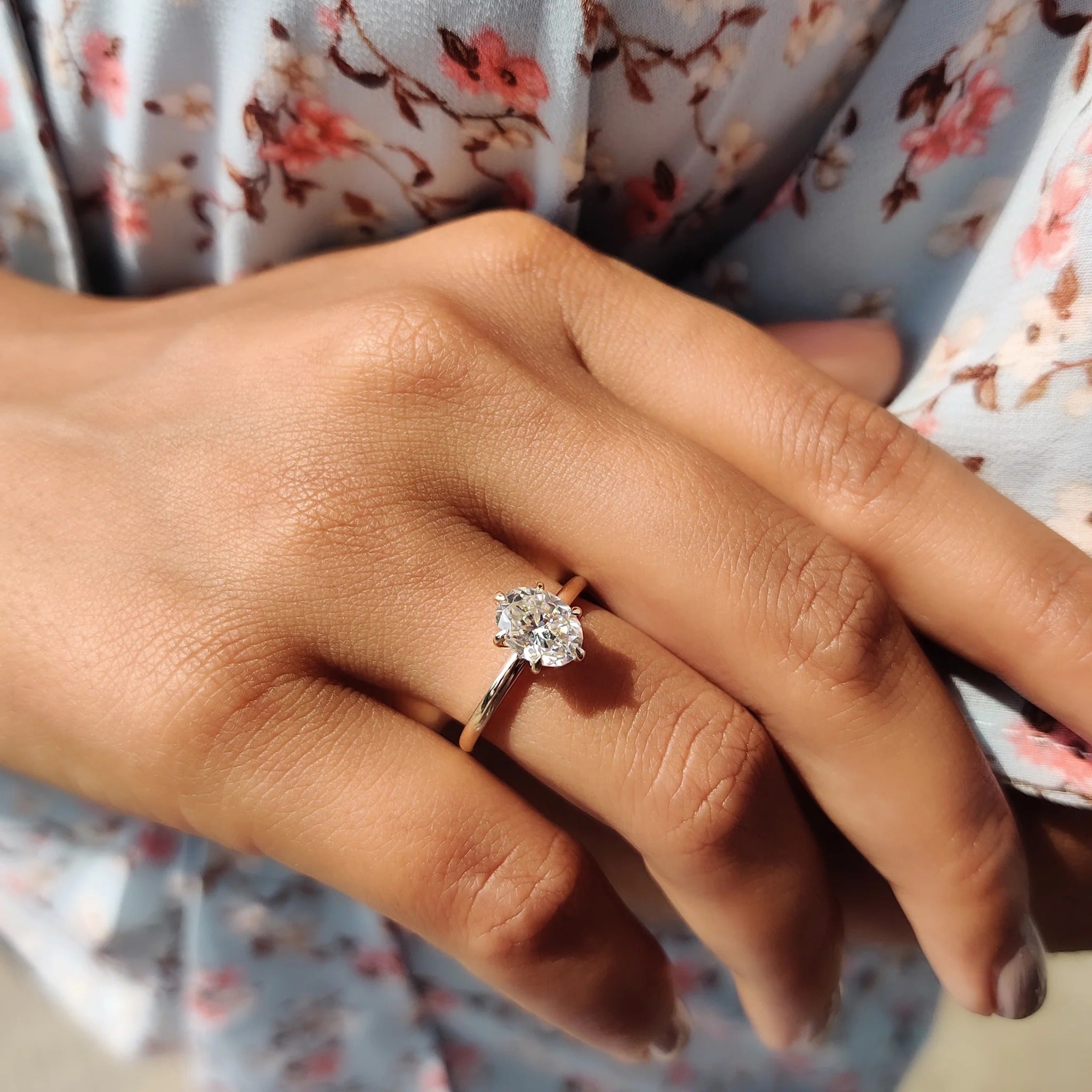Oval Cut Moissanite Engagement Ring Solitaire Setting in Yellow Gold Minimalist Band
