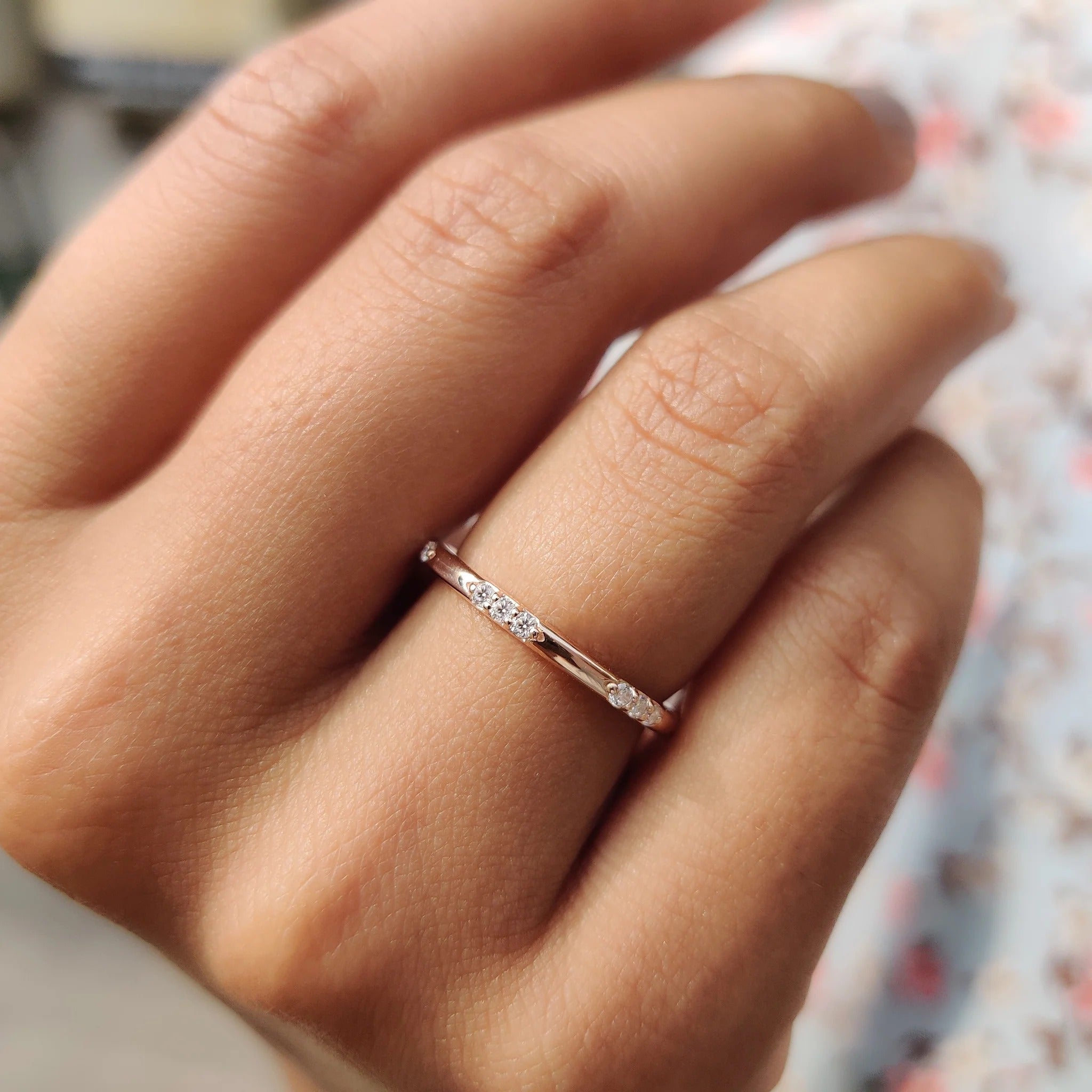 Dainty Moissanite Diamond Station Band Rose Gold Minimalist Stackable Wedding Ring