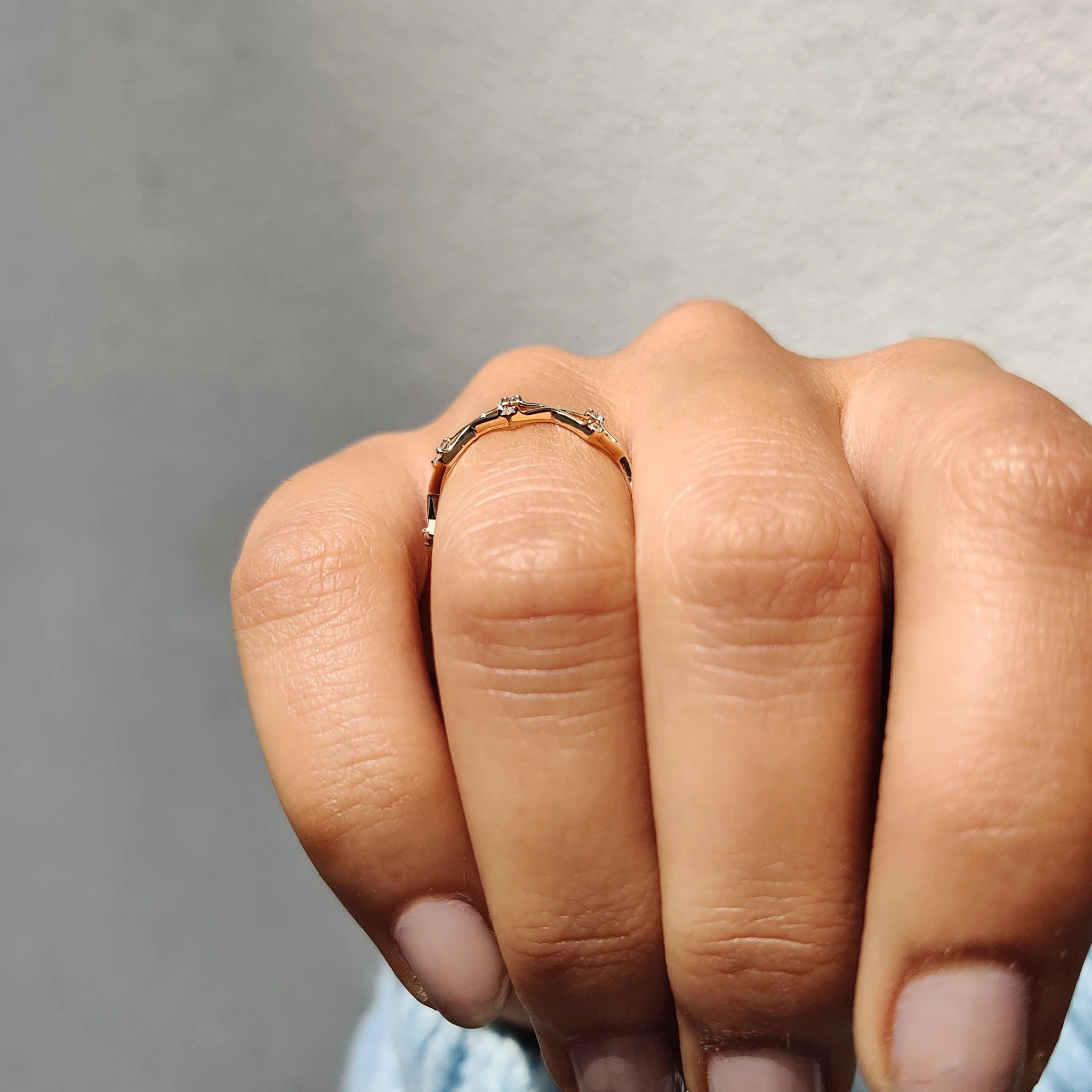 Dainty Moissanite & Diamond Zig Zag Stackable Ring in Polished Rose Gold Band