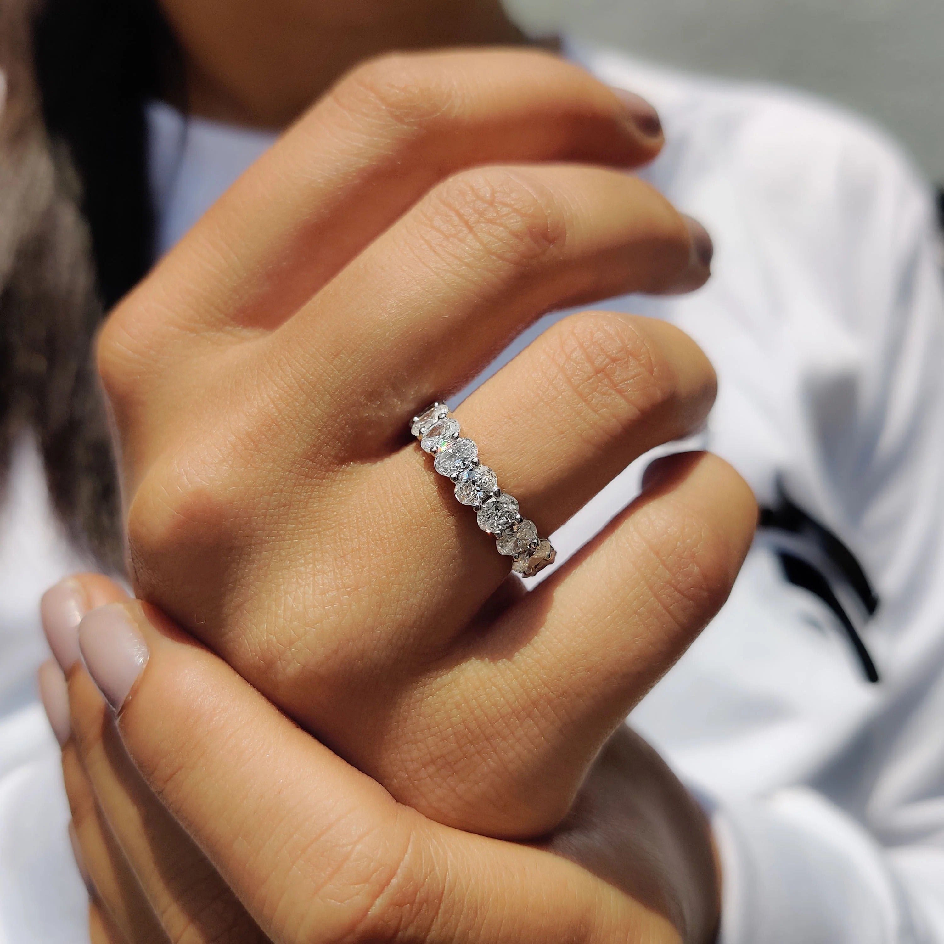 Oval Cut Moissanite Diamond Eternity Band Sterling Silver Stackable Wedding Ring