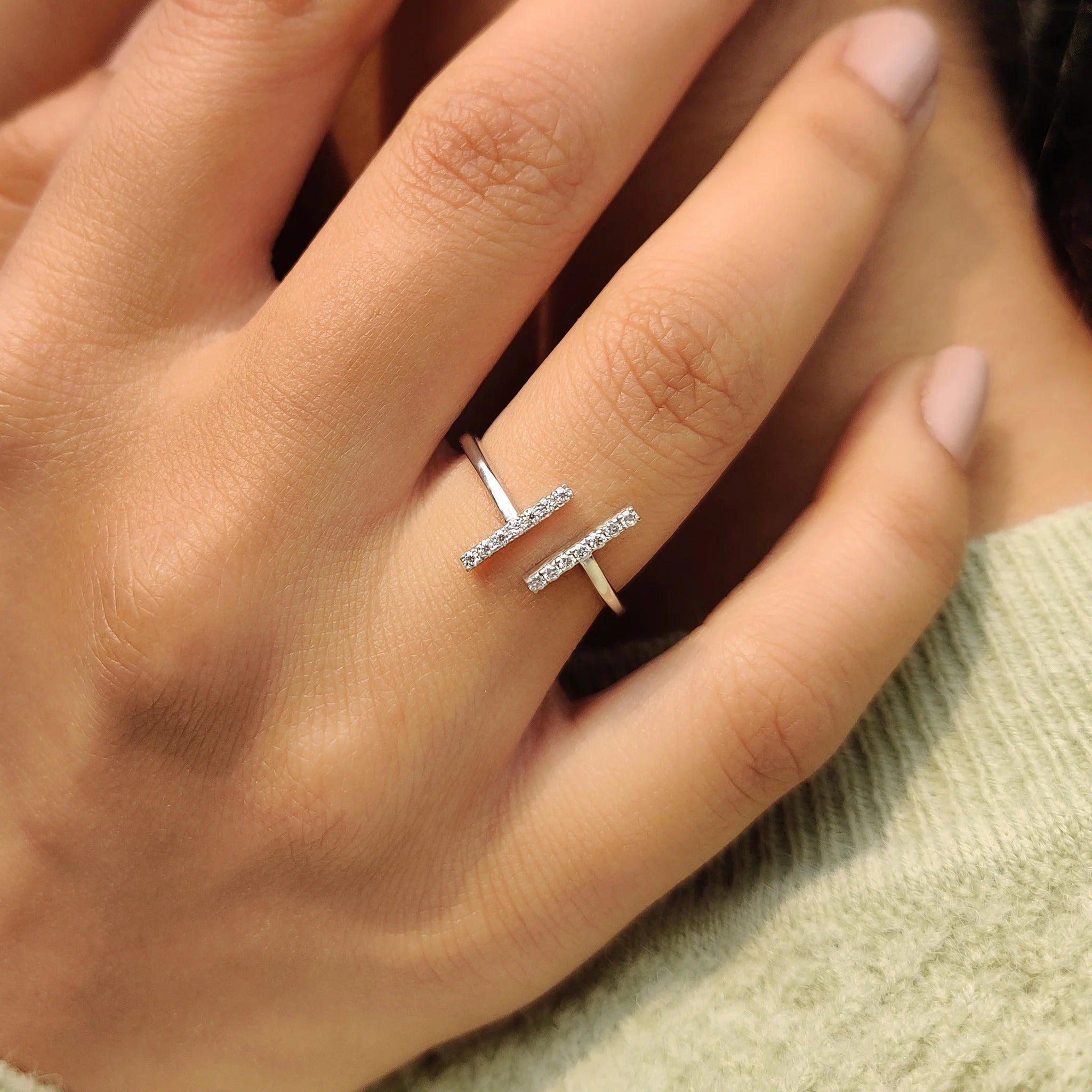 Modern Moissanite Diamond Bar Open Ring Sterling Silver Adjustable Stacking Band