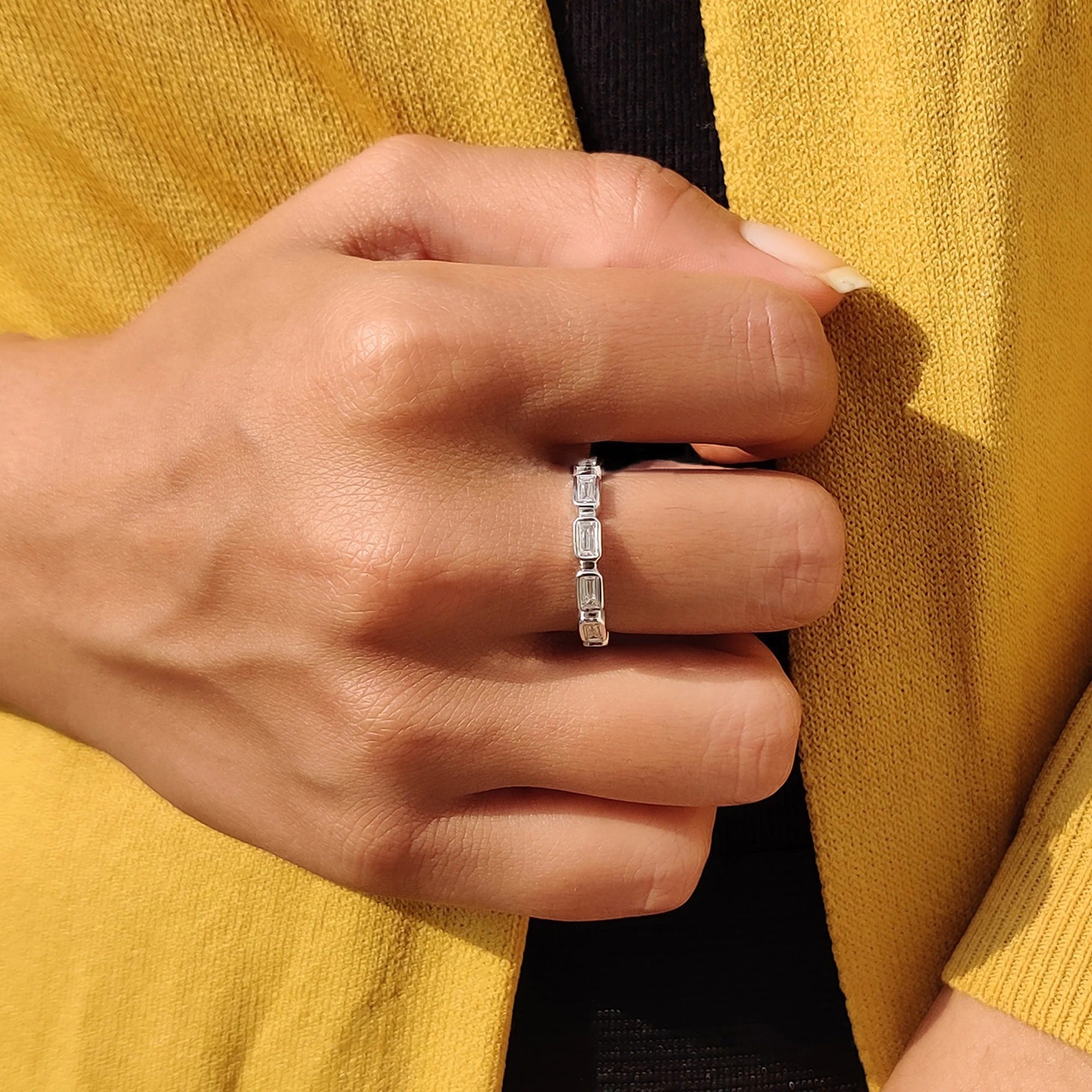Baguette Cut Moissanite Diamond Bezel Set Band Minimalist Stacking Wedding Ring Band
