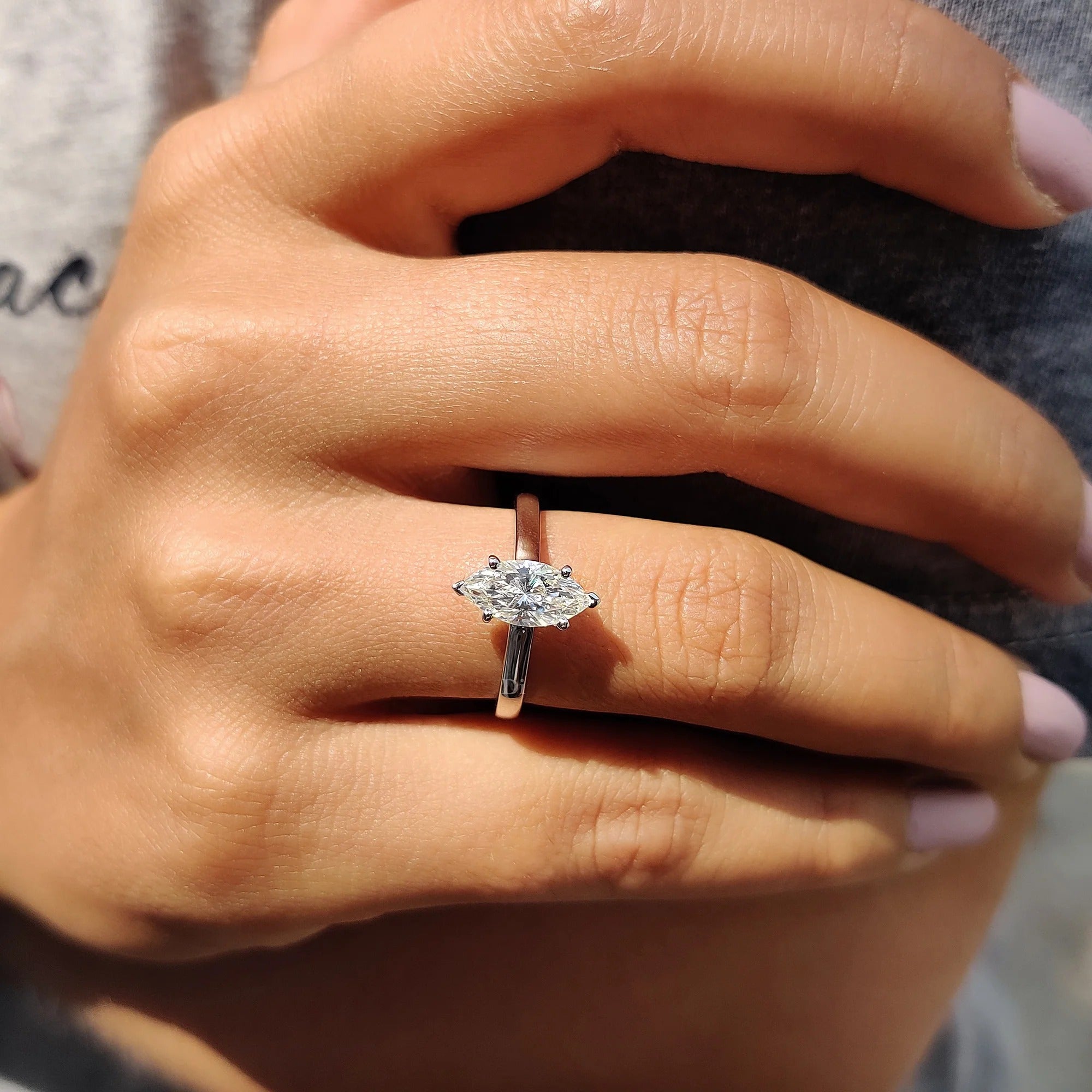 Marquise Cut Moissanite Engagement Ring Solitaire Setting in Polished White Gold Band