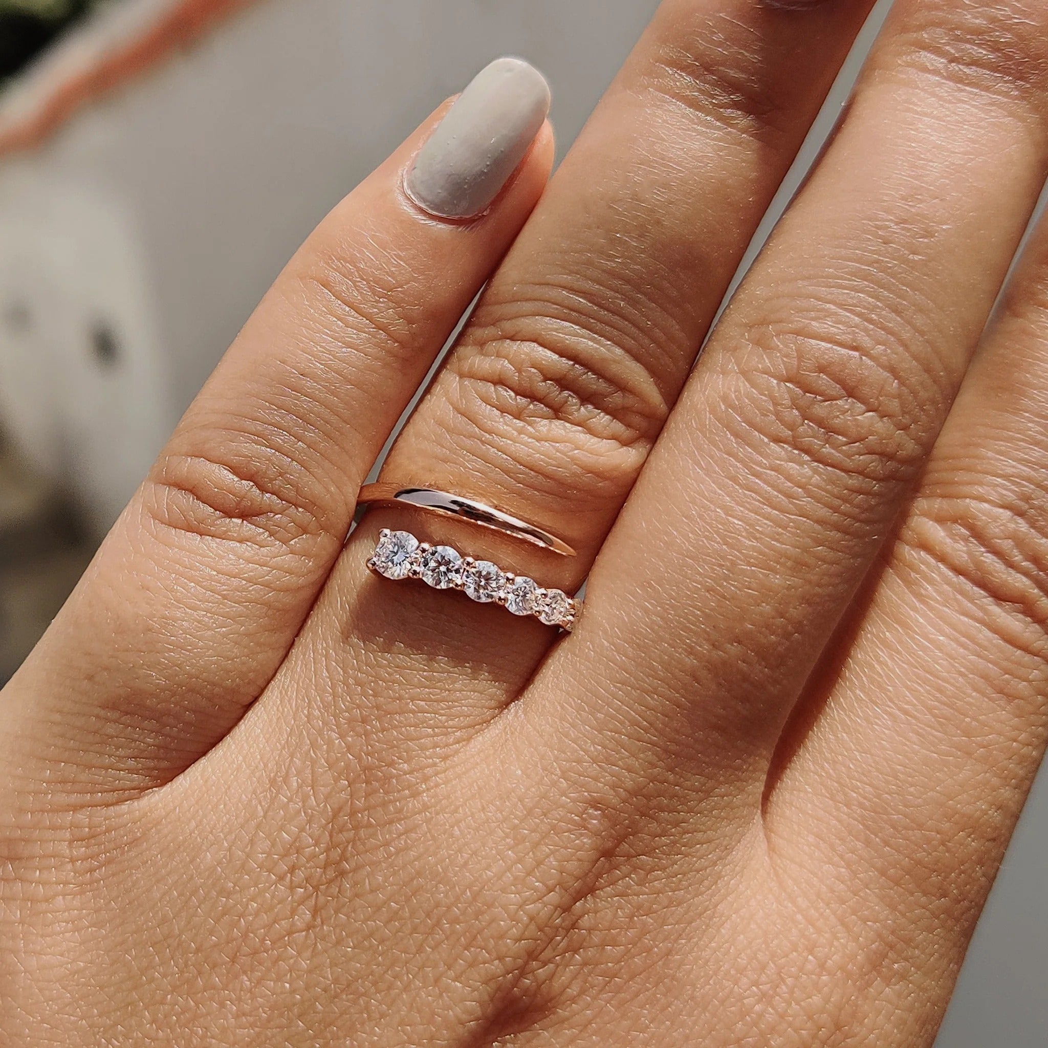 Dainty Moissanite & Diamond Open Wrap Ring in Rose Gold - Minimalist Stackable Band