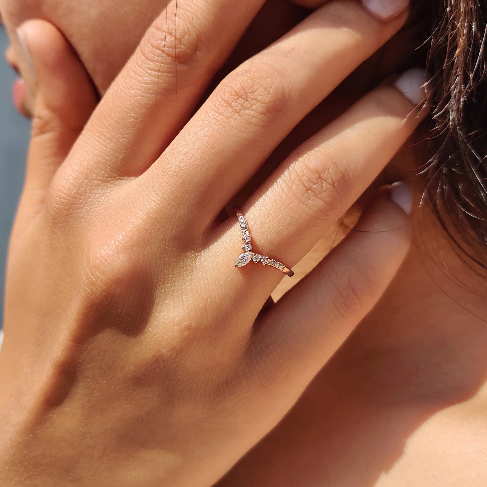 Marquise Moissanite Diamond Contour Band Dainty Rose Gold Stackable Wedding Ring