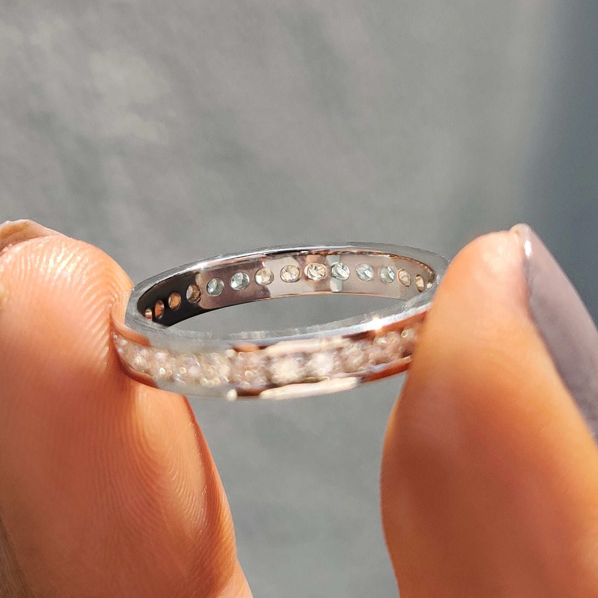 Moissanite Diamond Channel Set Eternity Band Minimalist Stackable Ring White Gold