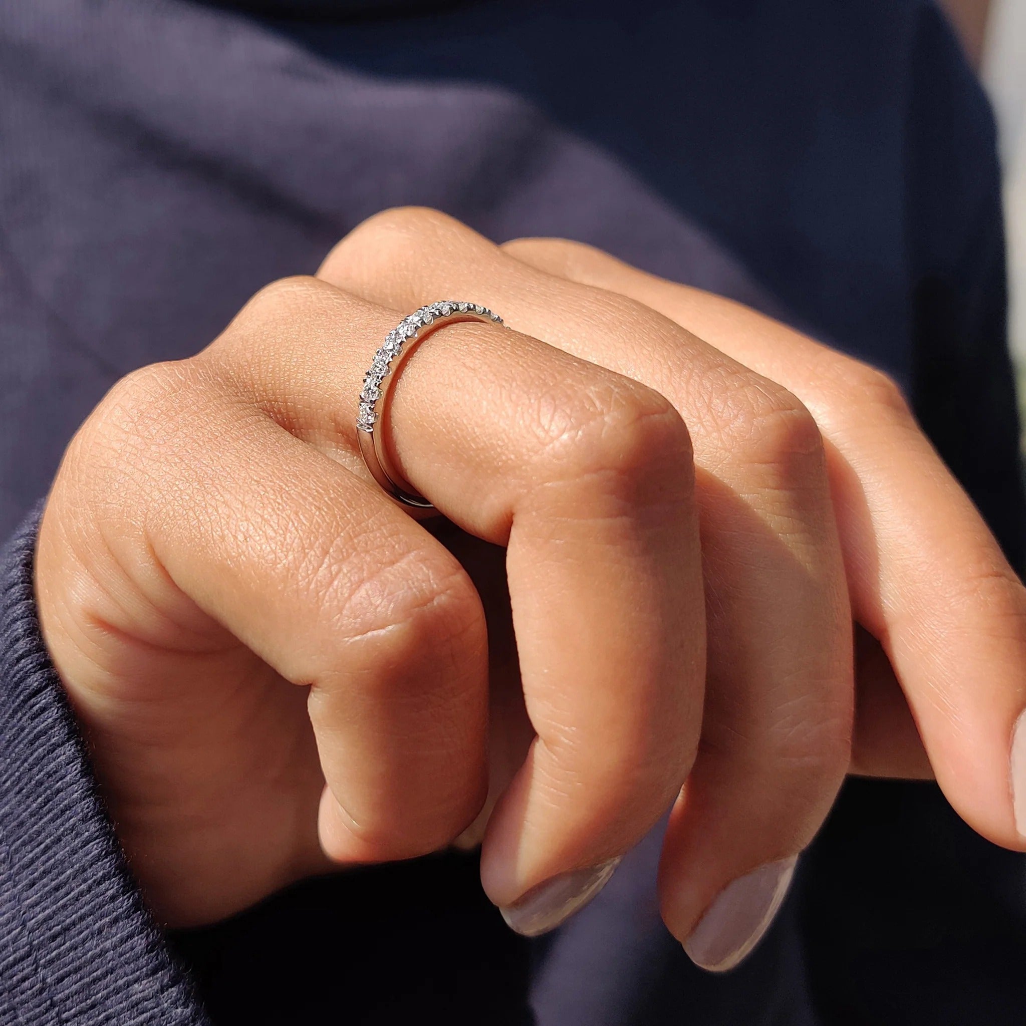 Moissanite Diamond Dainty Half Eternity Band Stacking Wedding Ring in White Gold