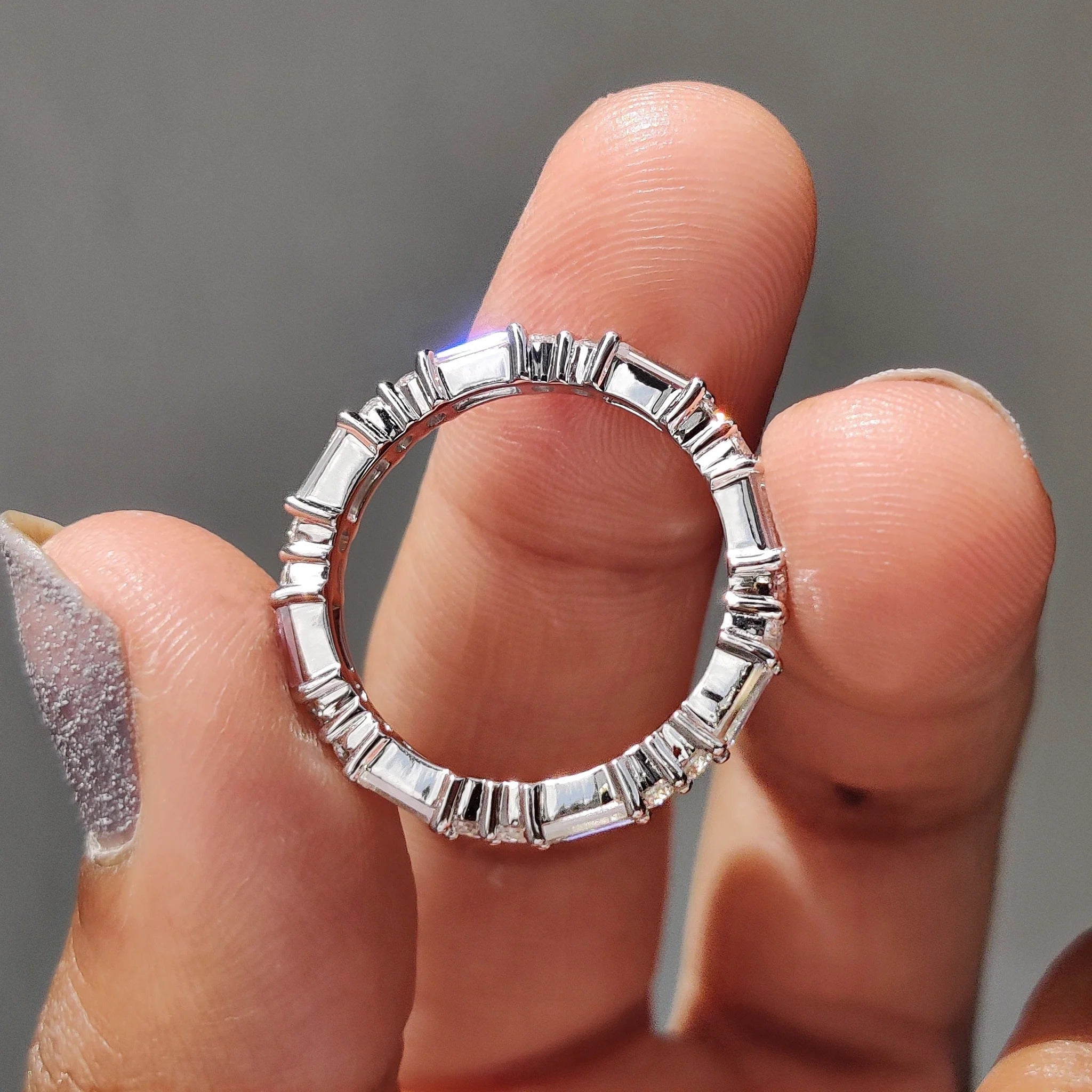 Moissanite Diamond Baguette Round Eternity Band Minimalist Stackable Wedding Ring