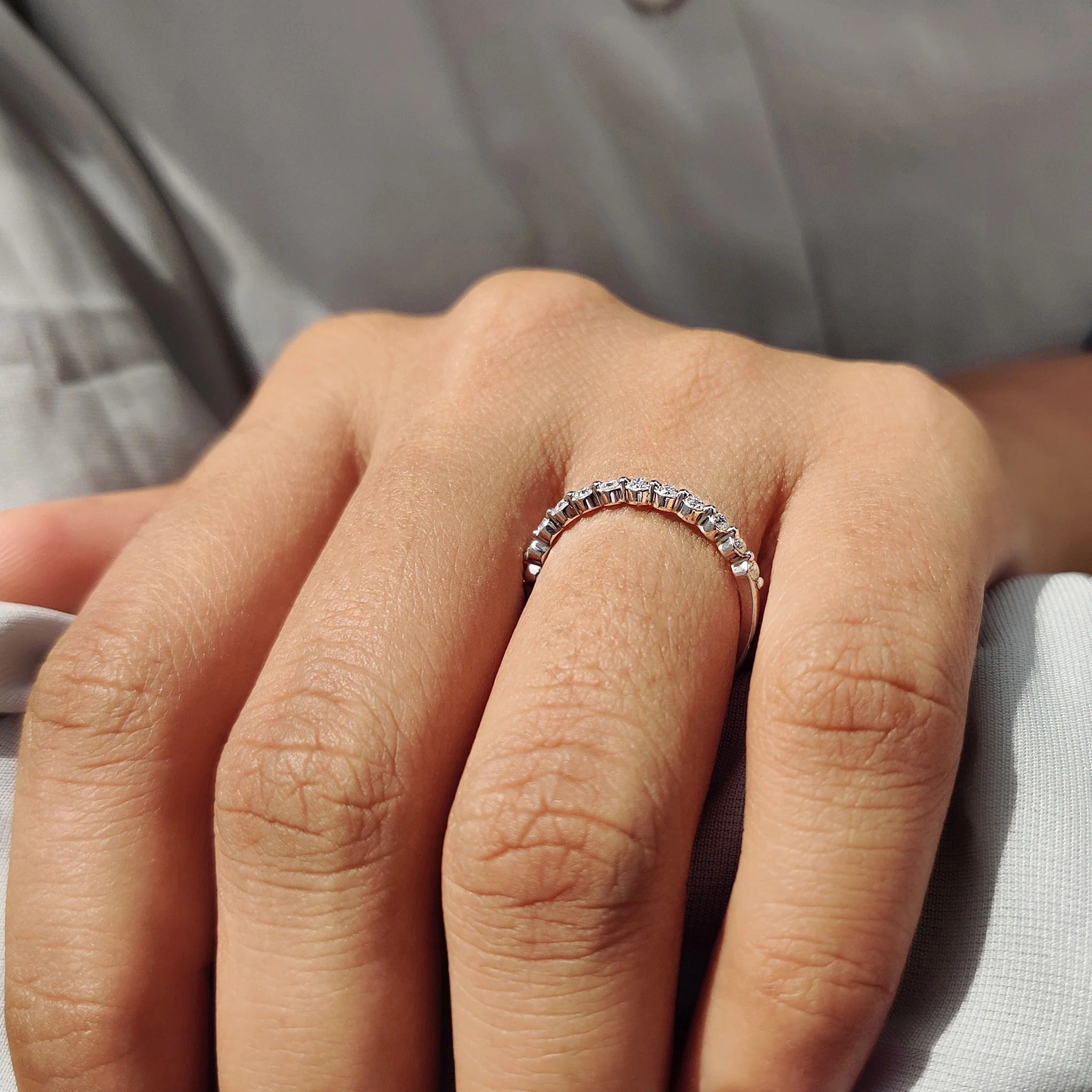 Round Moissanite in Diamond Stackable Eternity Band White Gold Wedding Ring
