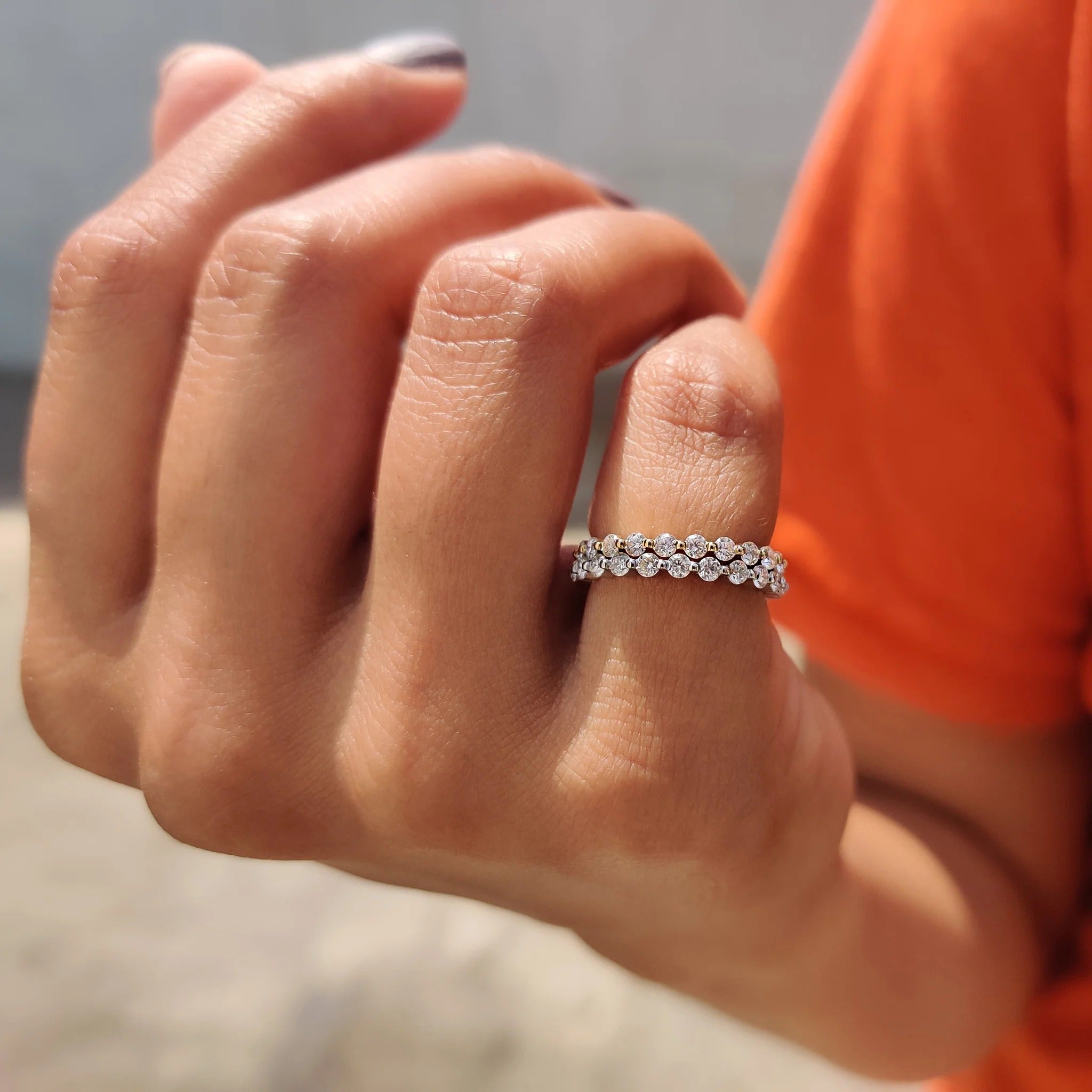 Moissanite and Diamond Double Row Eternity Band Stackable Wedding Ring