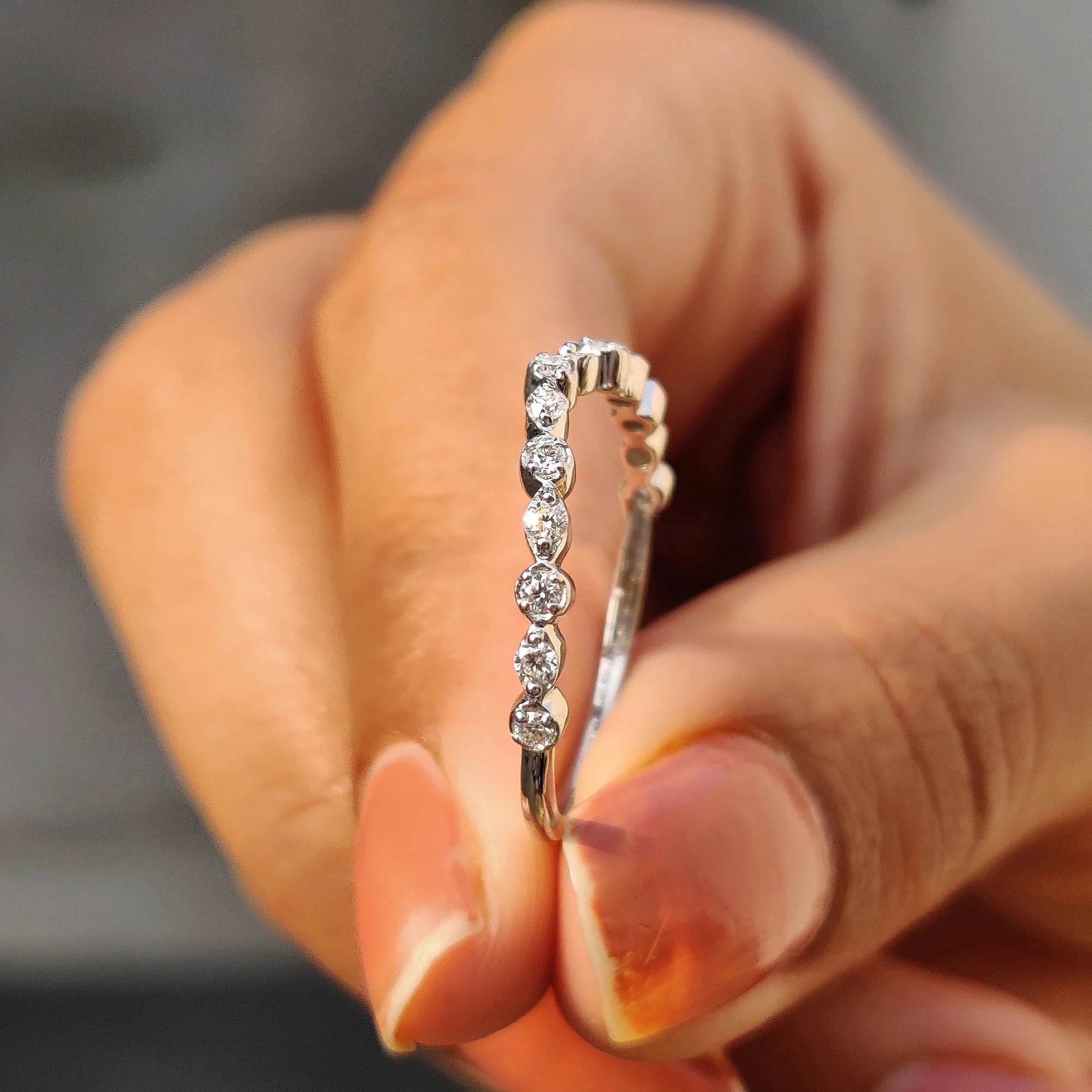 Curved Moissanite & Diamond Wedding Band - Dainty Stackable V-Shape Stacking Ring