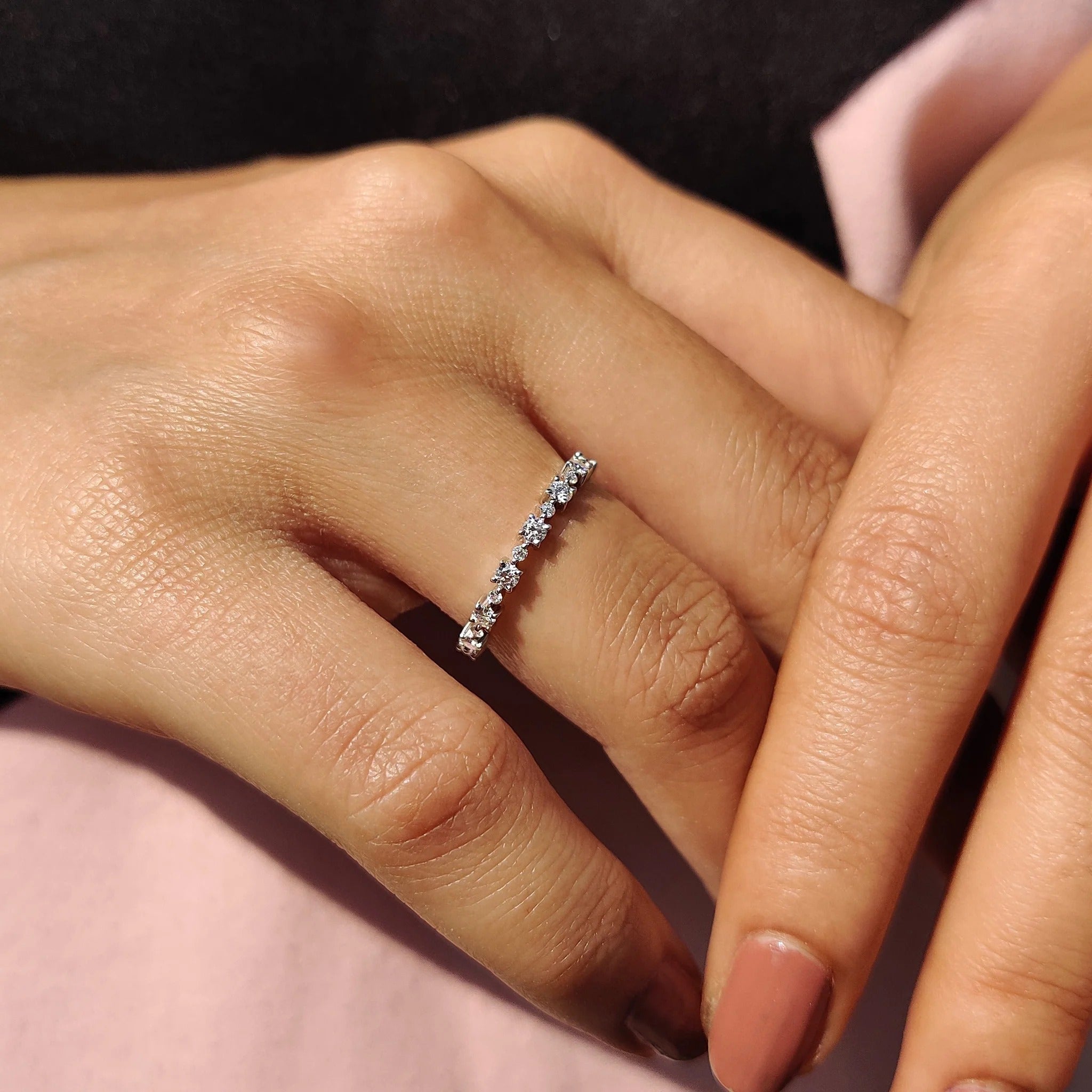 Round Moissanite Diamond Dainty Eternity Band Minimalist Stackable Ring