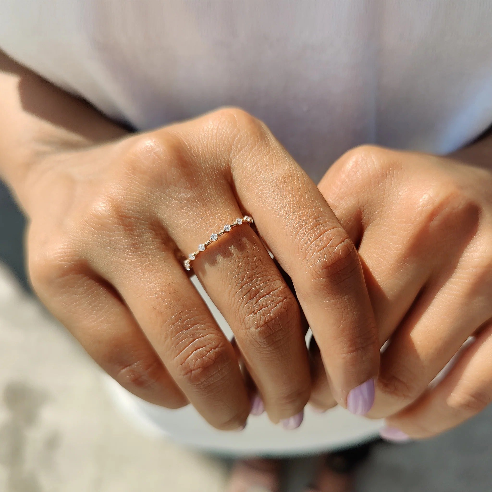 Dainty Round Moissanite Diamond Station Band Minimalist Stackable Ring